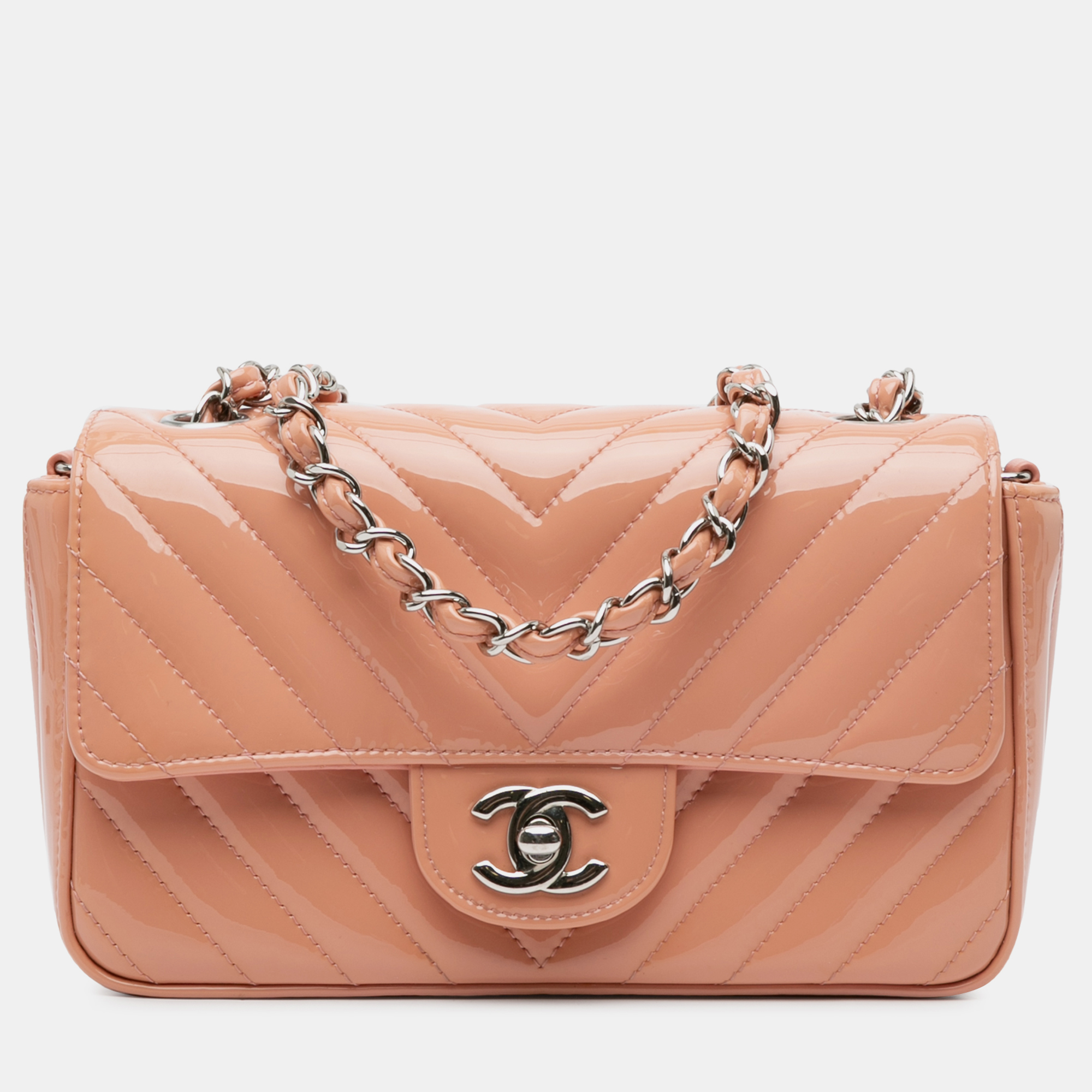 

Chanel Mini Rectangular Classic Chevron Patent Single Flap, Pink