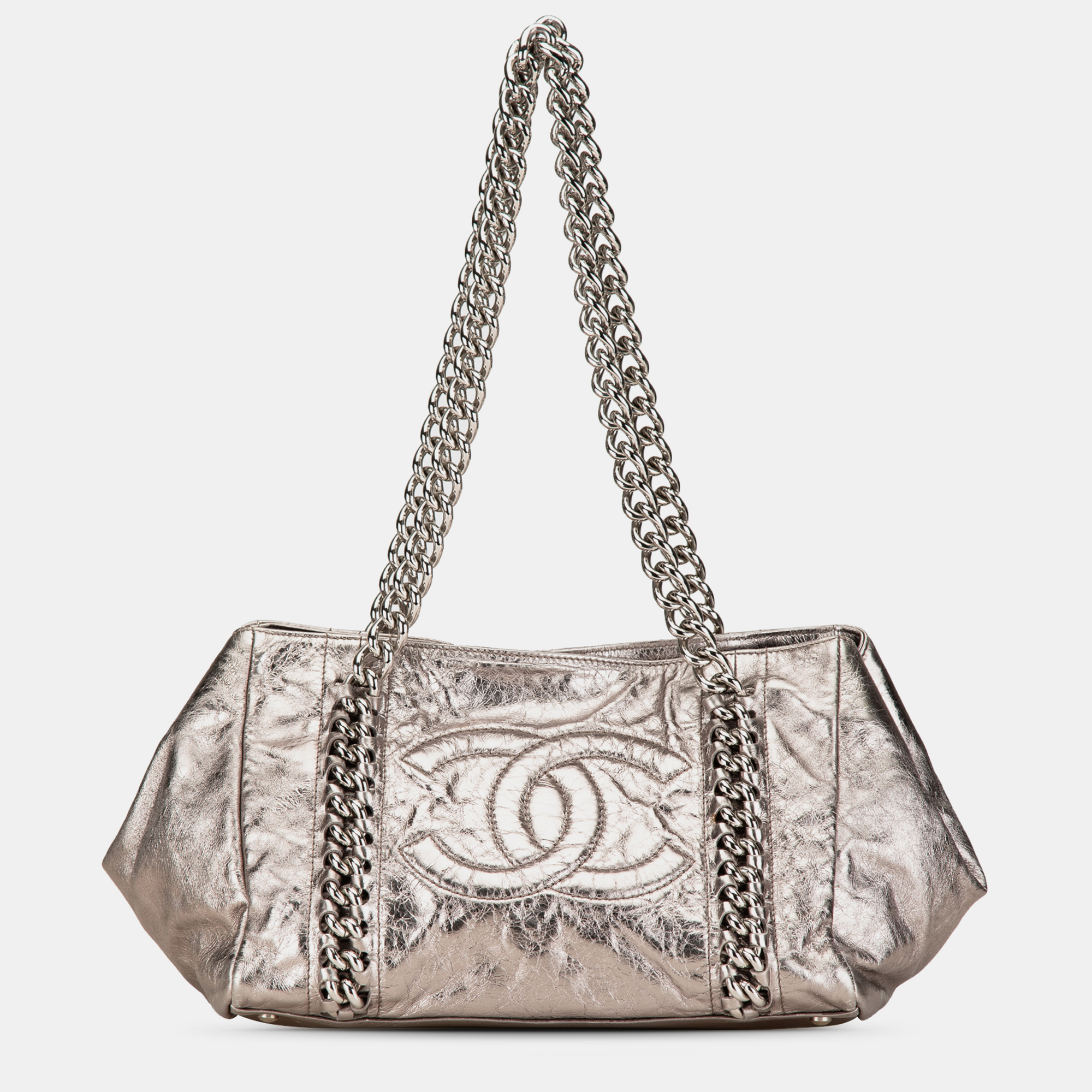 

Chanel Medium Metallic Calfskin Modern Chain Tote, Silver