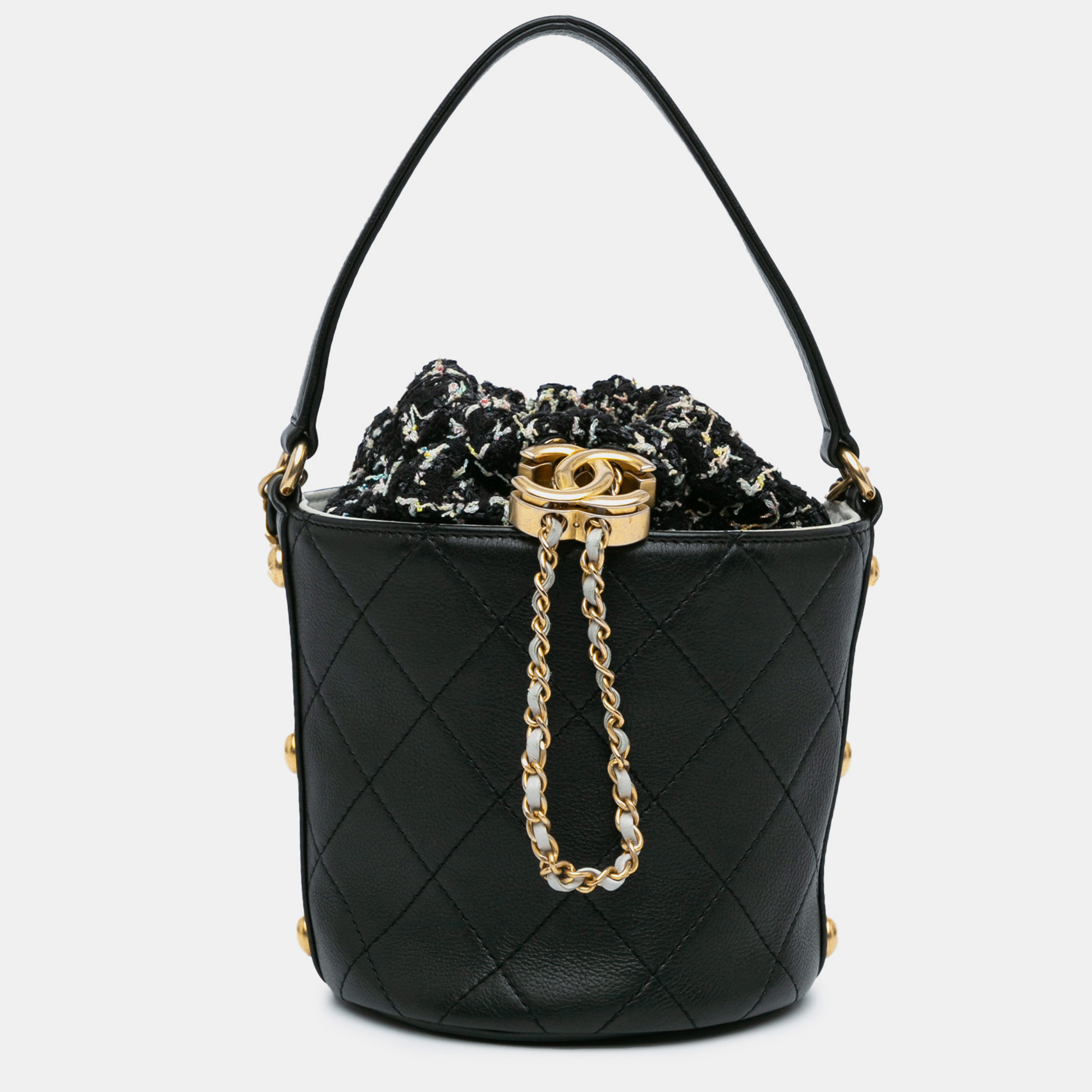 

Chanel Small CC Calfskin and Tweed Drawstring Bucket Bag, Black