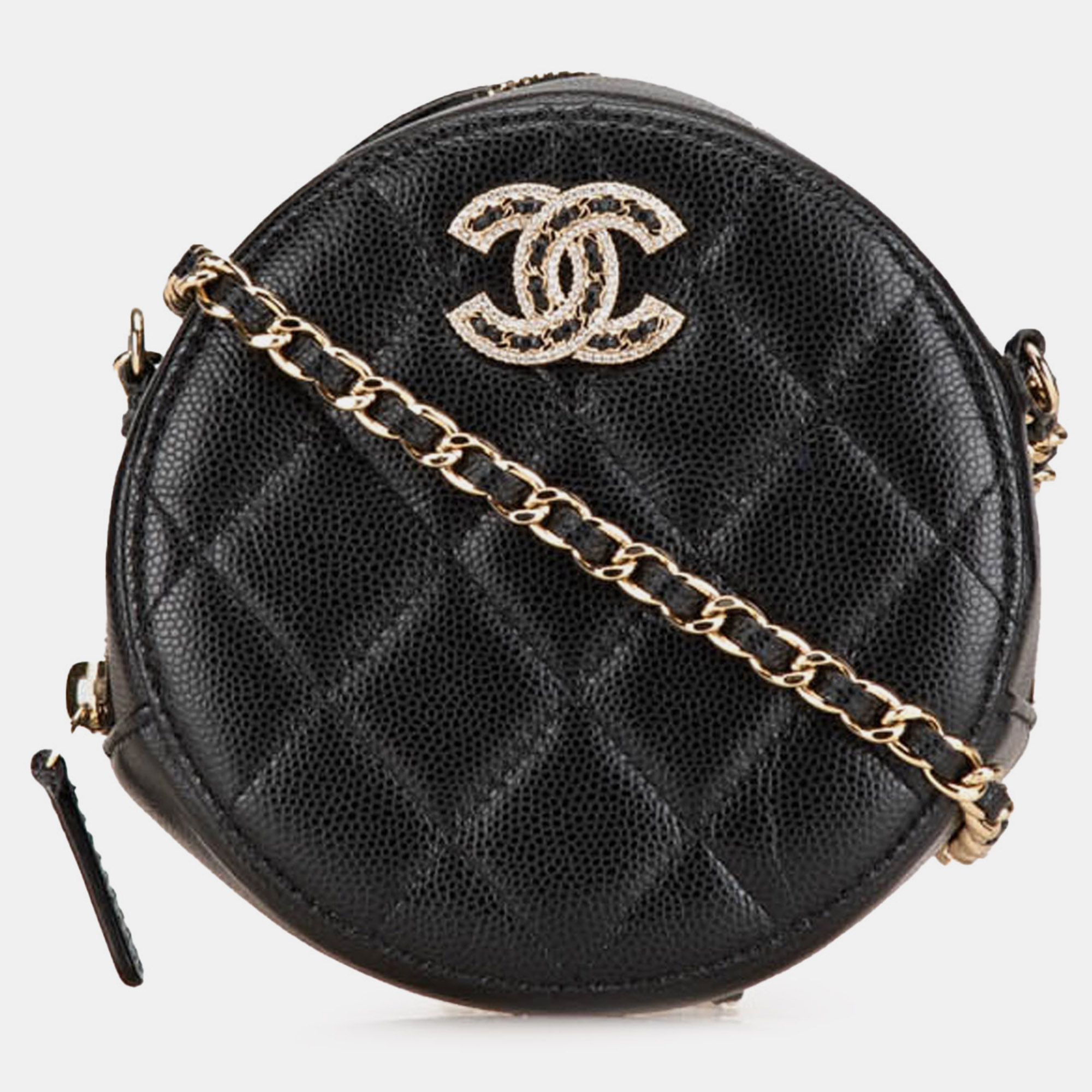 

Chanel Quilted Caviar Crystal CC Round Clutch With Chain, Black