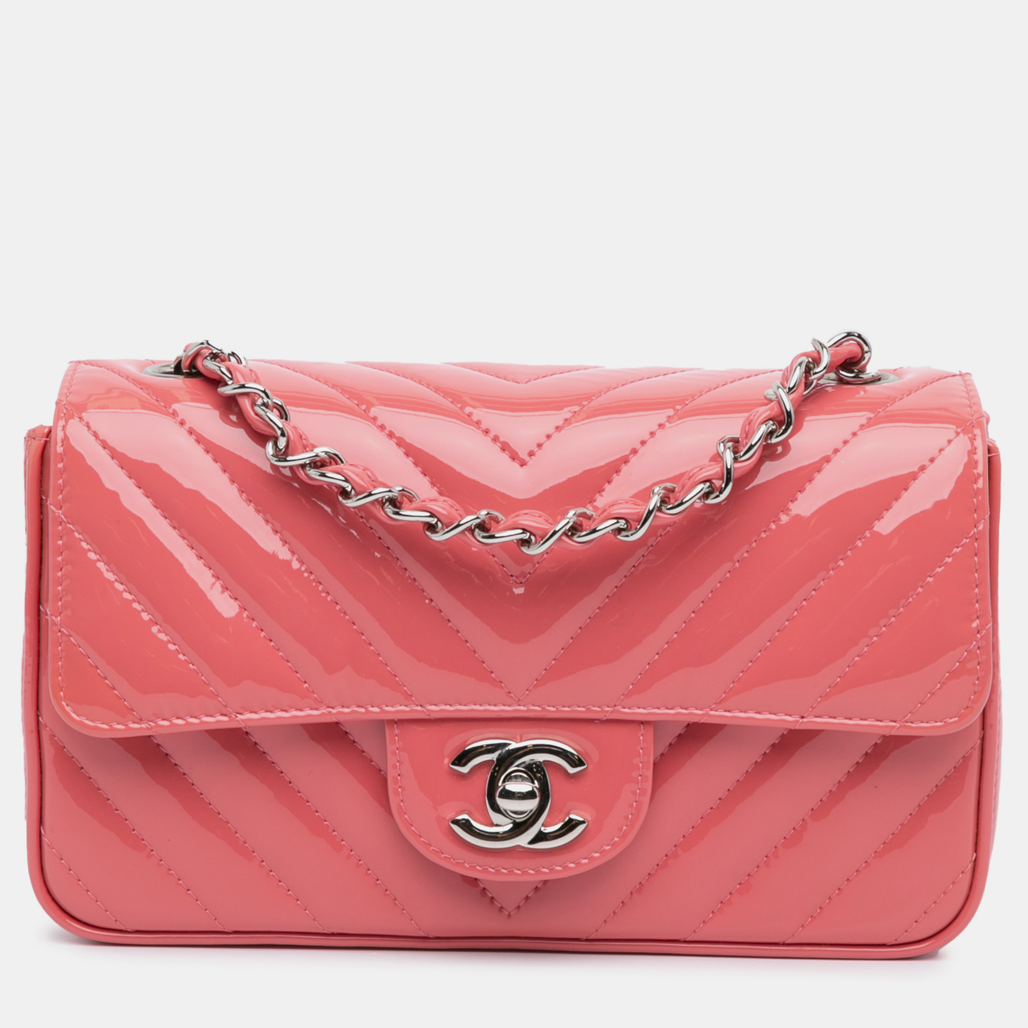 

Chanel Mini Rectangular Classic Chevron Patent Single Flap, Pink