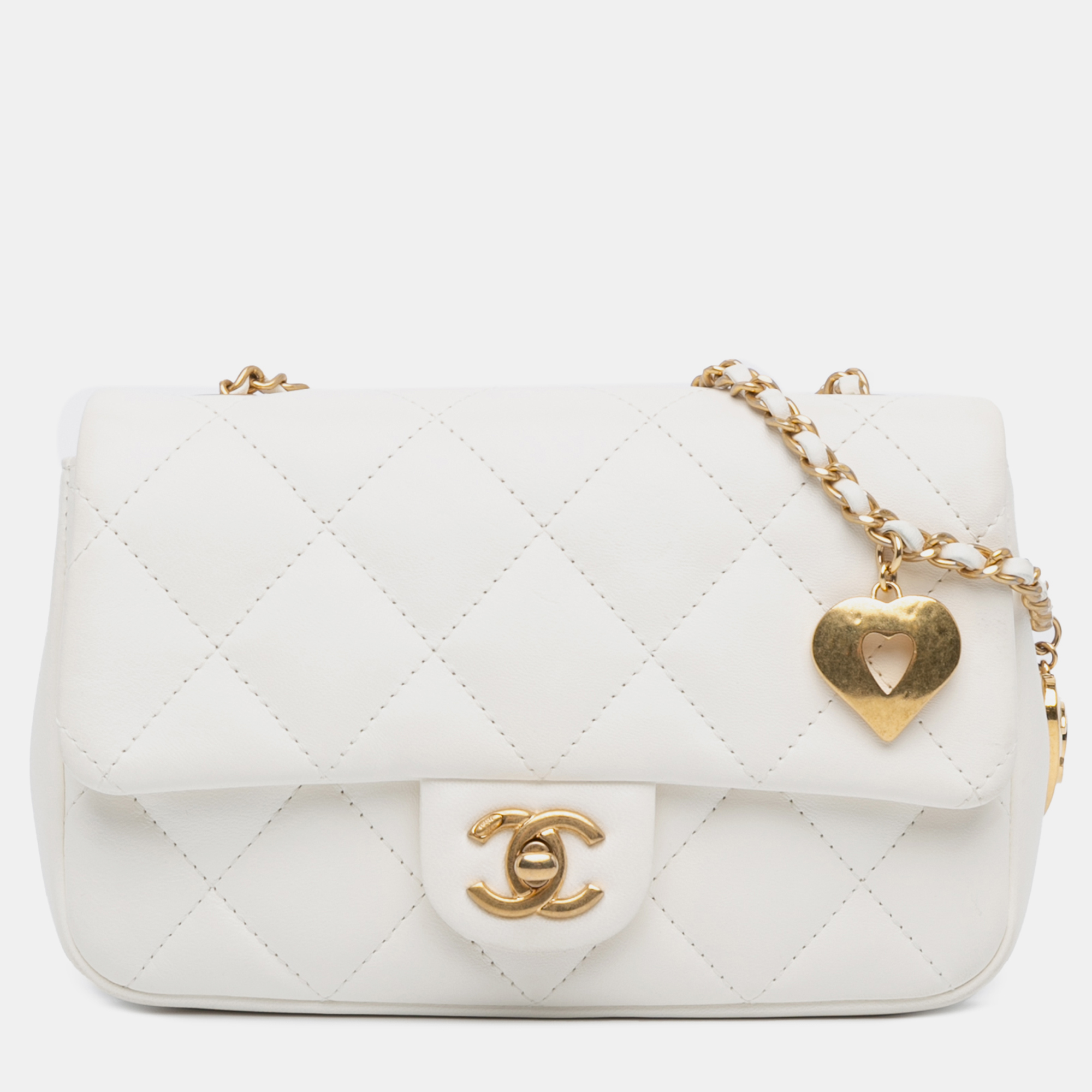 

Chanel Mini Quilted Lambskin Heart Charms Flap, White