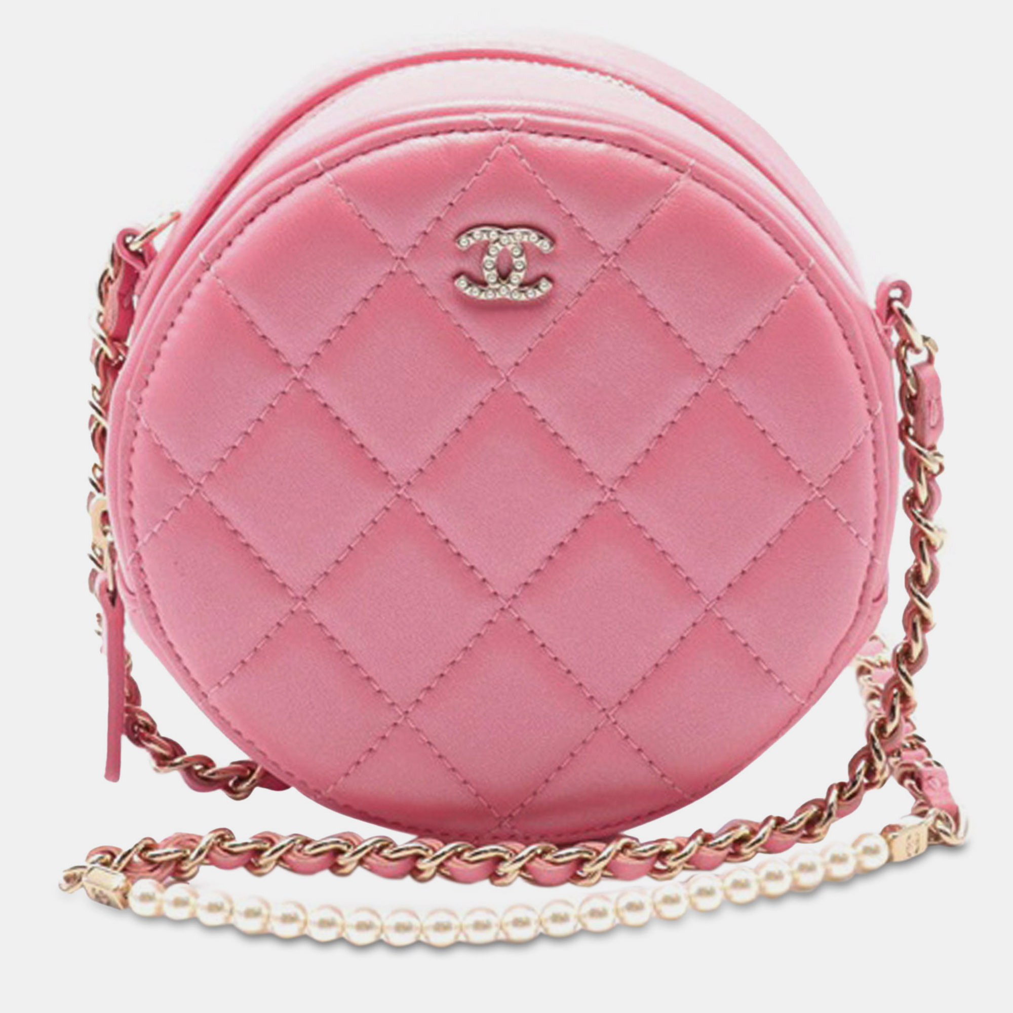 

Chanel Quilted Lambskin Round Pearl Clutch with Chain, Pink