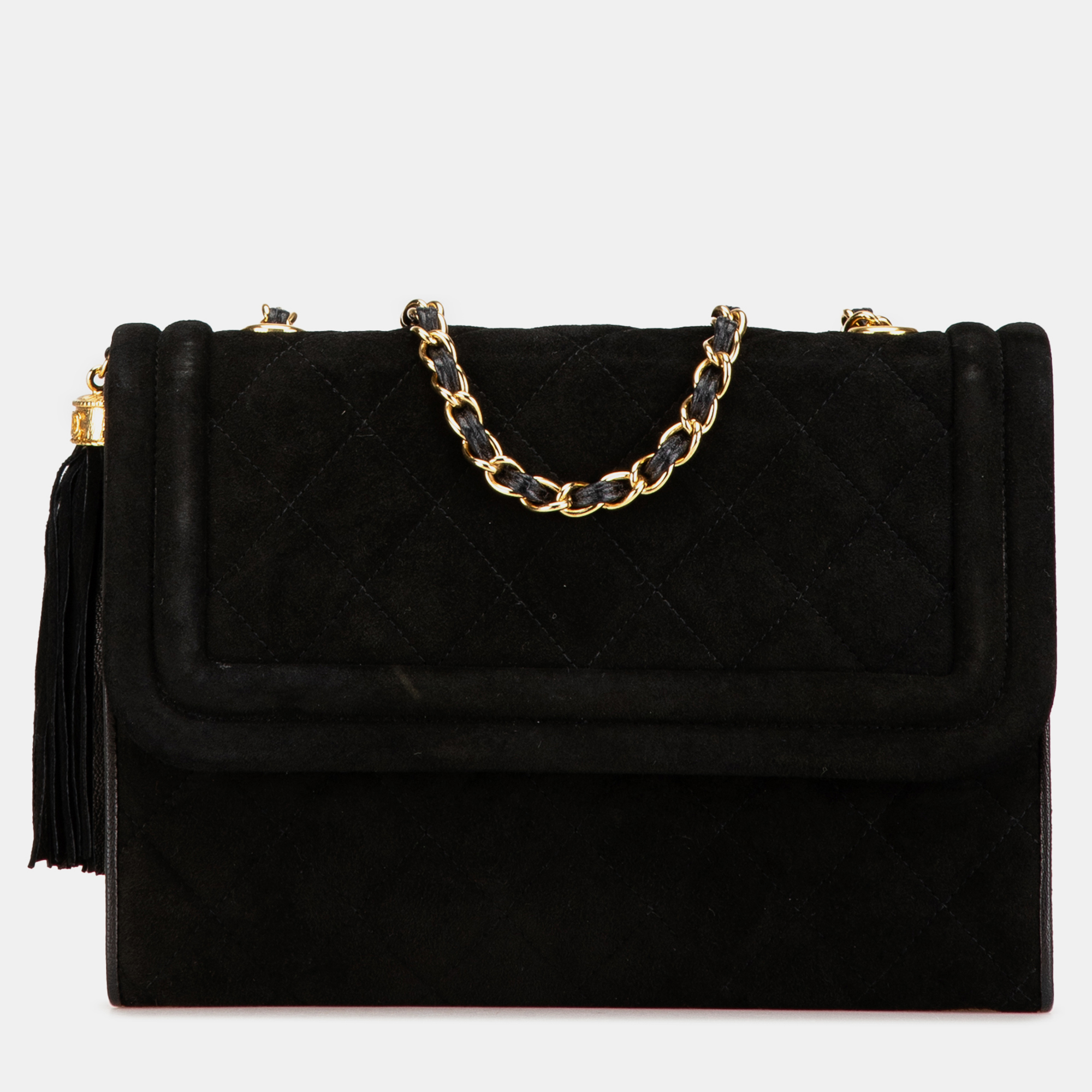 

Chanel Quilted Suede Tassel Flap, Black