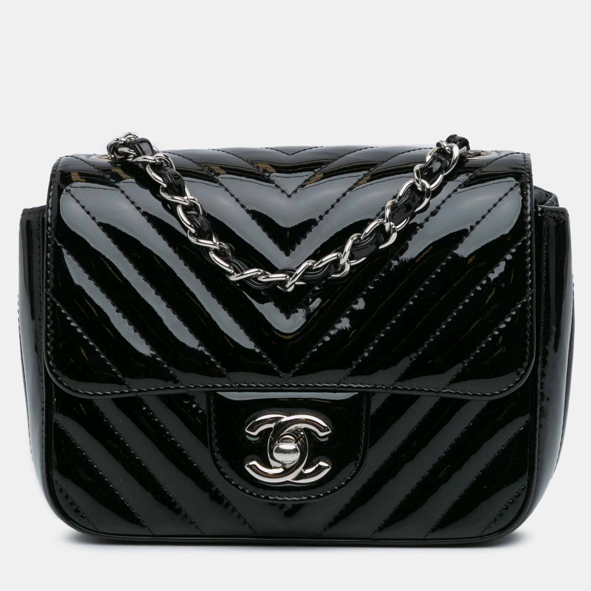 

Chanel Mini Square Classic Patent Chevron Flap, Black