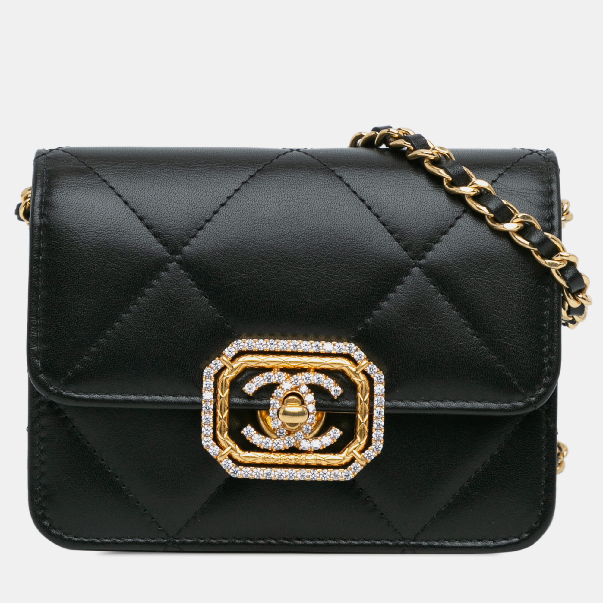 

Chanel Quilted Calfskin Strass Card Holder On Chain, Black