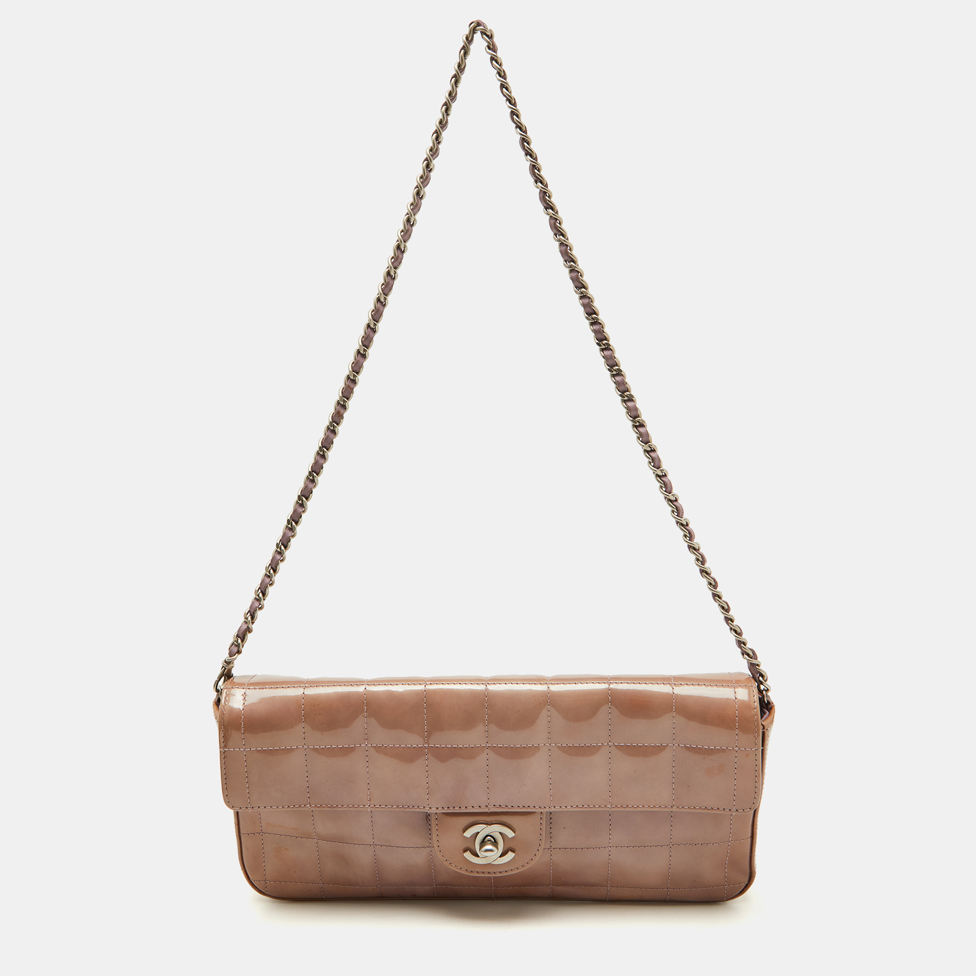 

Chanel Dusty Pink Quilted Patent Leather Chocolate Bar CC East West Flap Bag