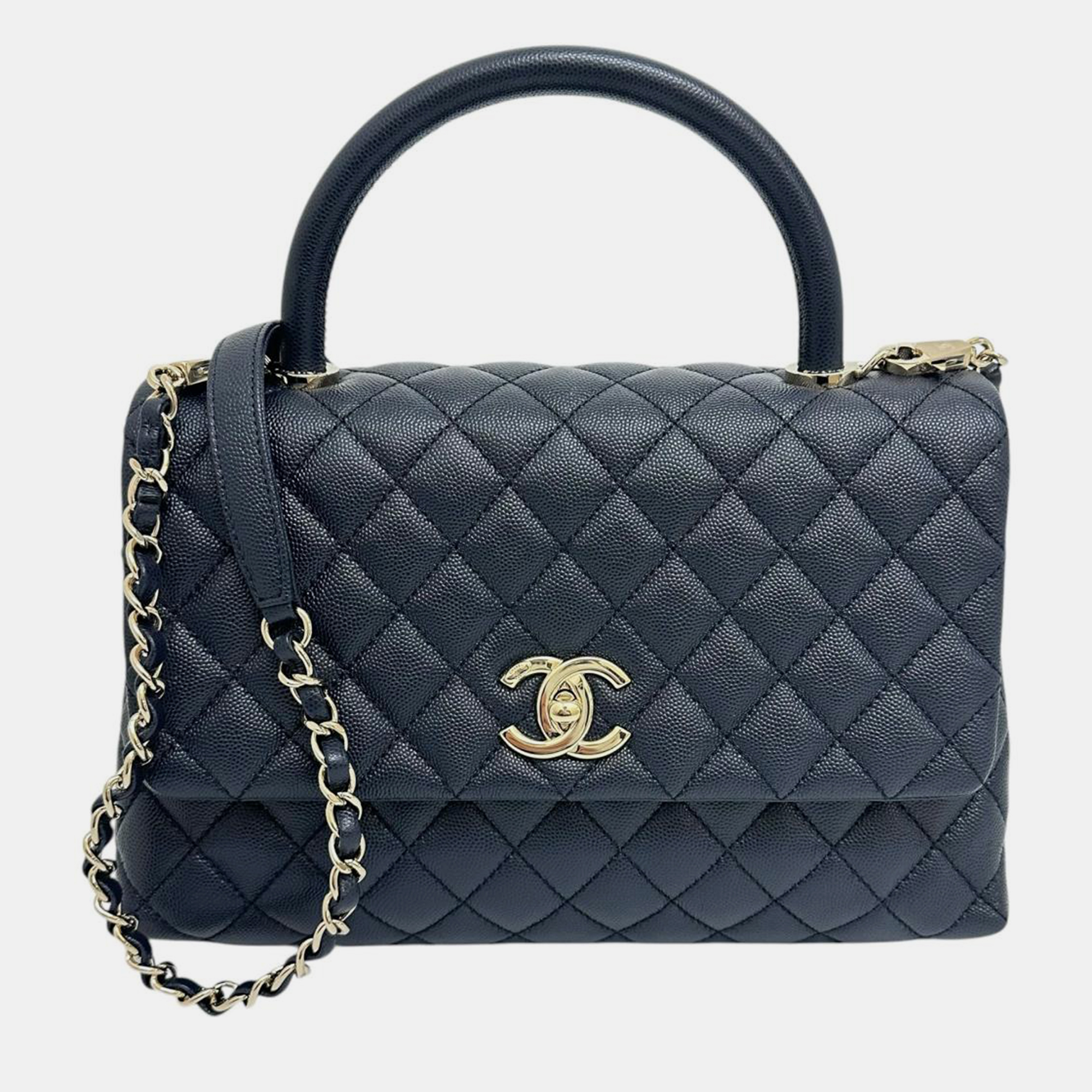 

Chanel Navy Blue Leather Caviar Skin Coco Handle Bag