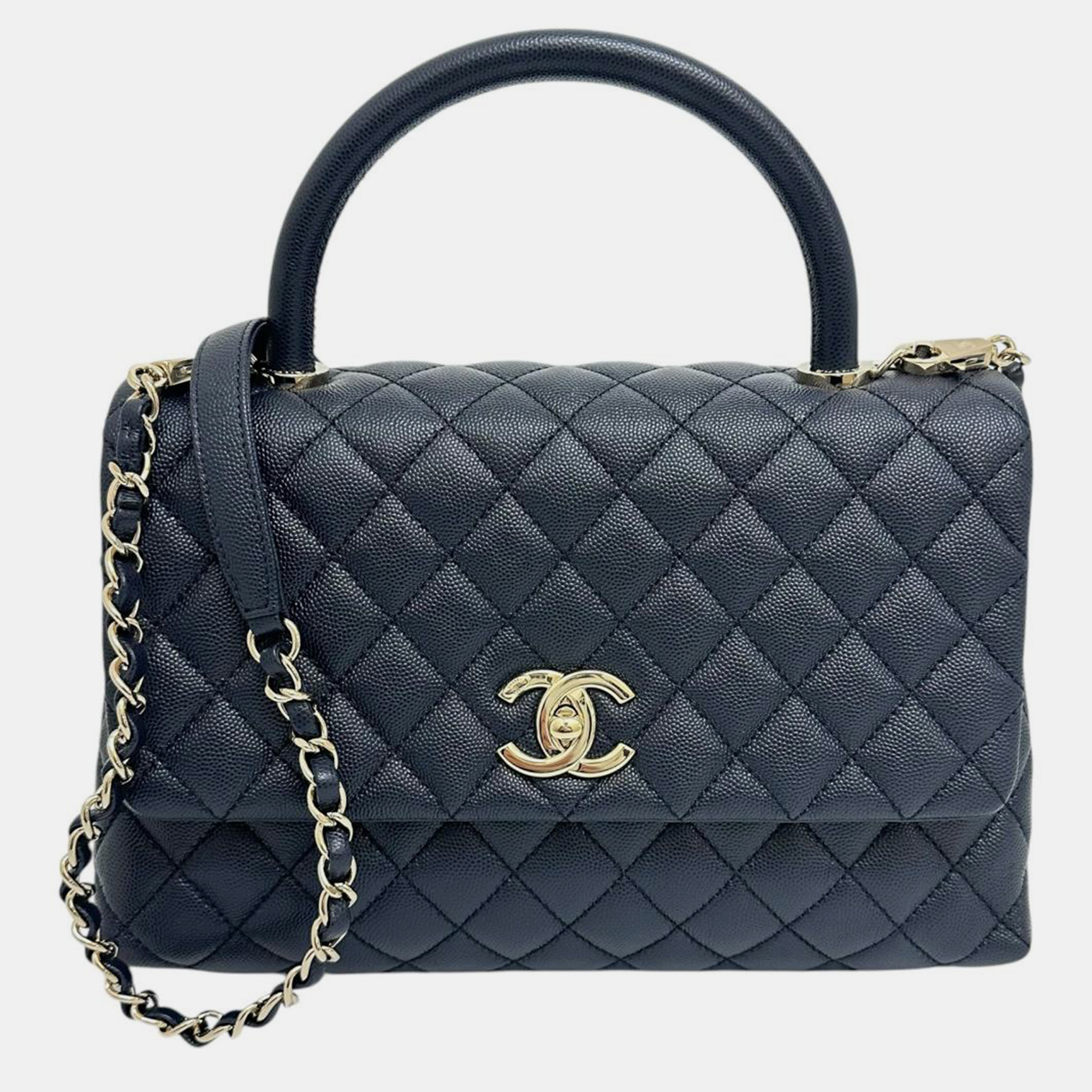 

Chanel Navy Blue Leather Caviar Skin Coco Handle Bag