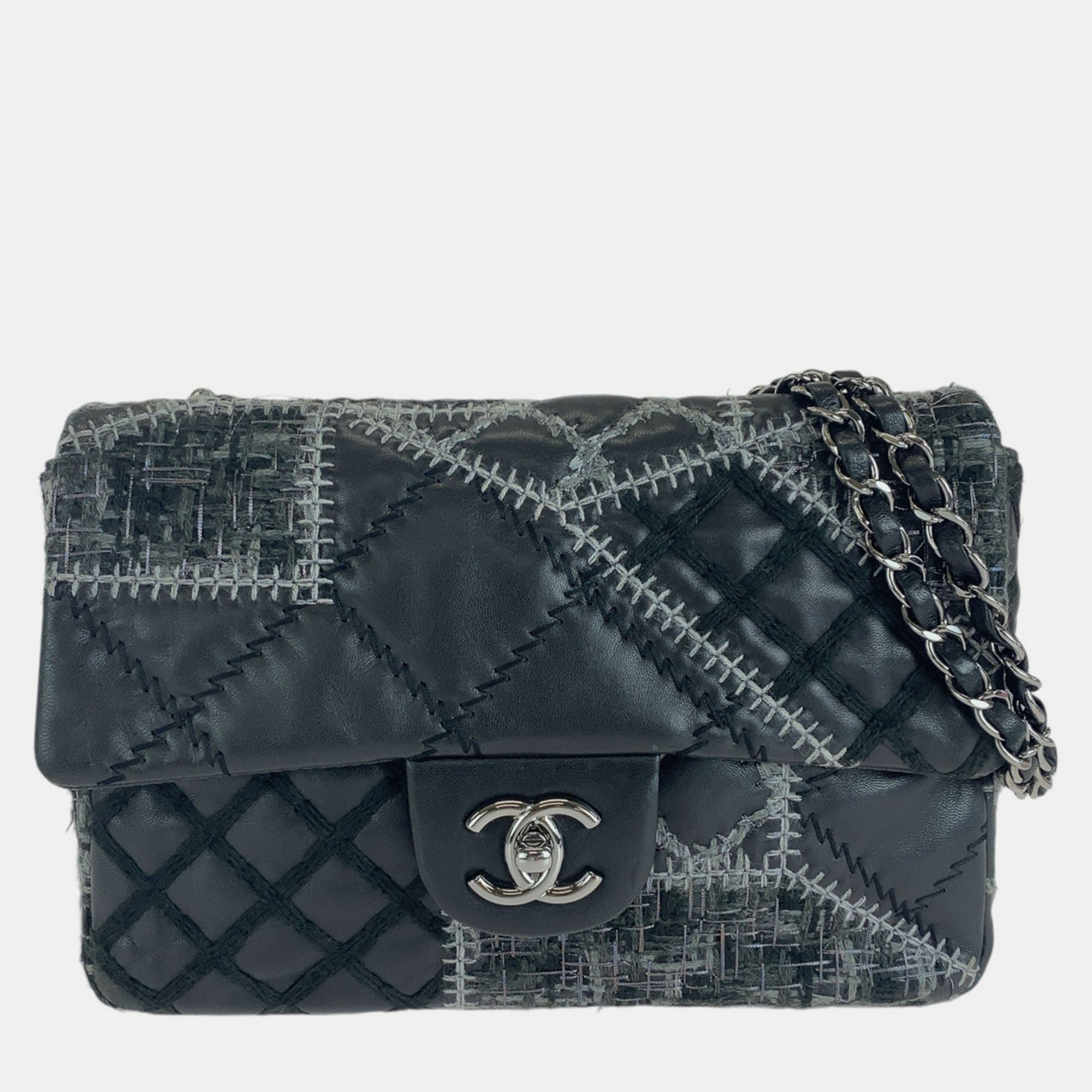 

Chanel Black Leather Lambskin Tweed Wild Stitch Patchwork Shoulder Bag