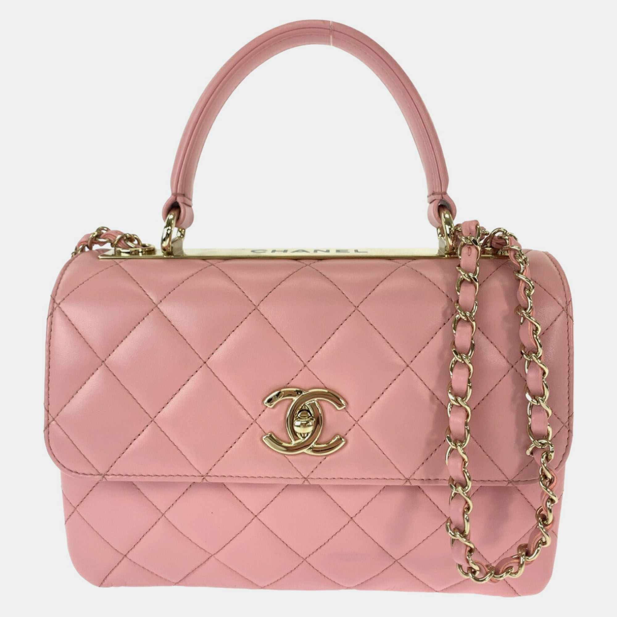 

Chanel Pink Leather Lambskin Matelasse Turn Lock Logo Handbag