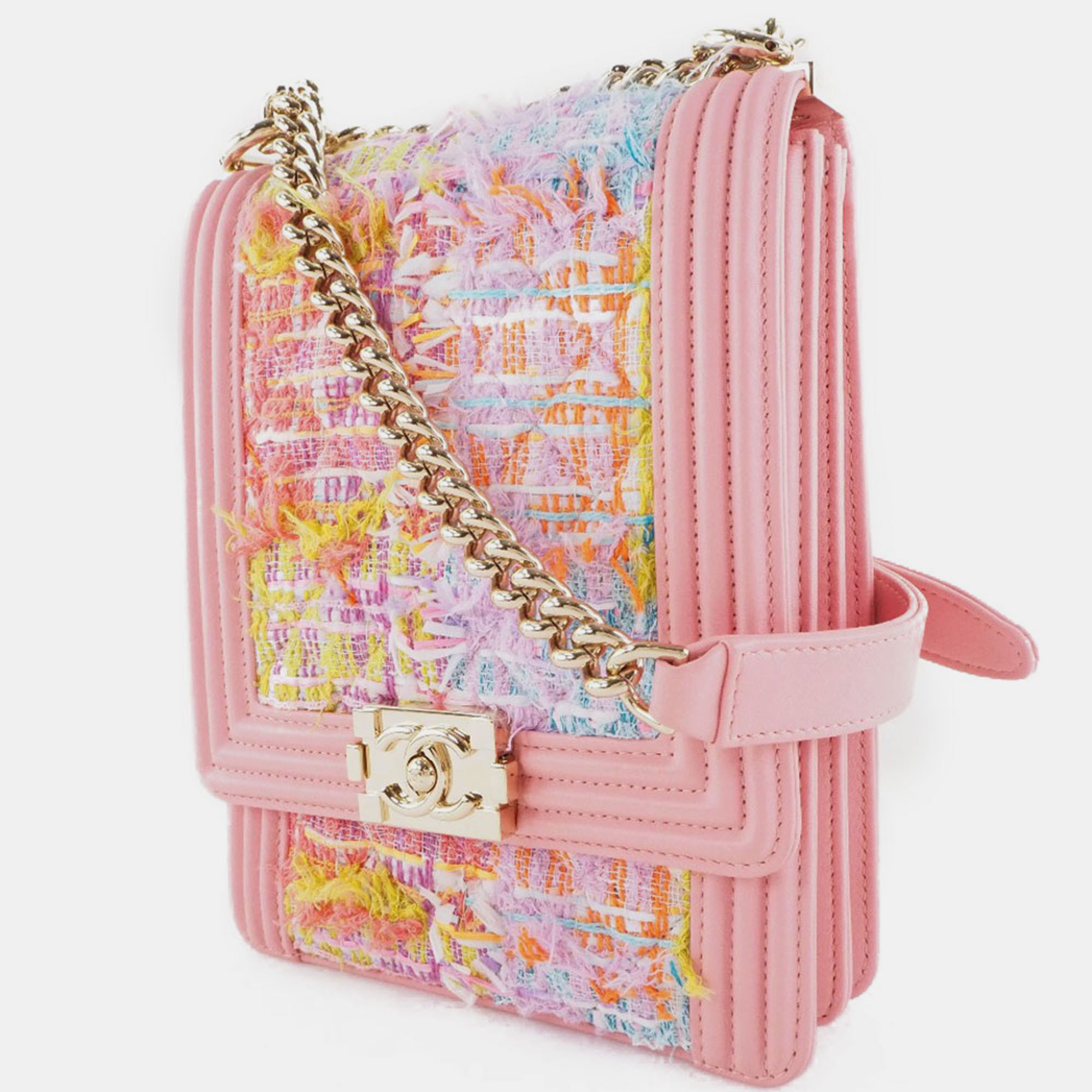 Chanel Pink Leather Tweed Lambskin Chain Shoulder Bag 