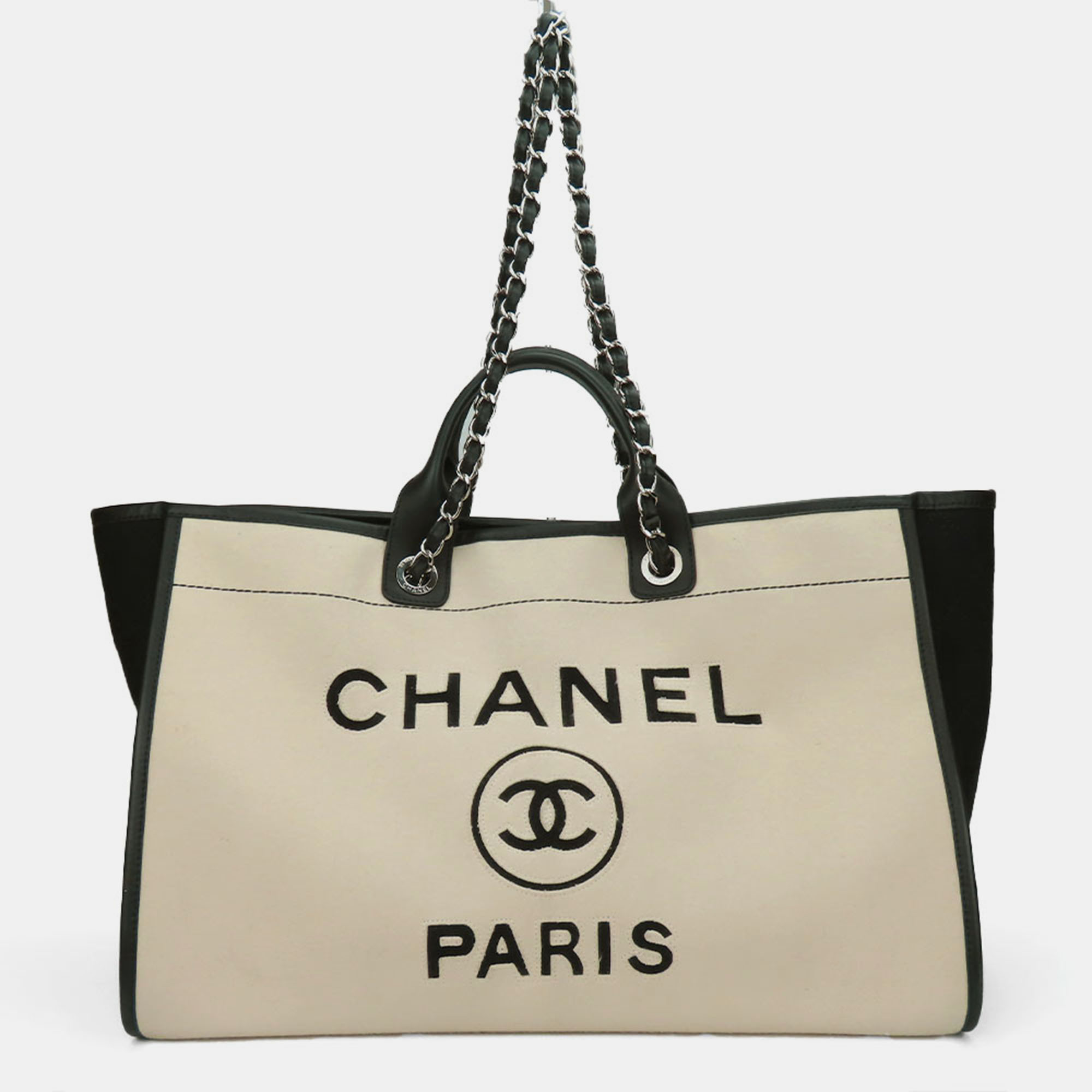 

Chanel Black Canvas Deauville Wool Leather Tote Bag