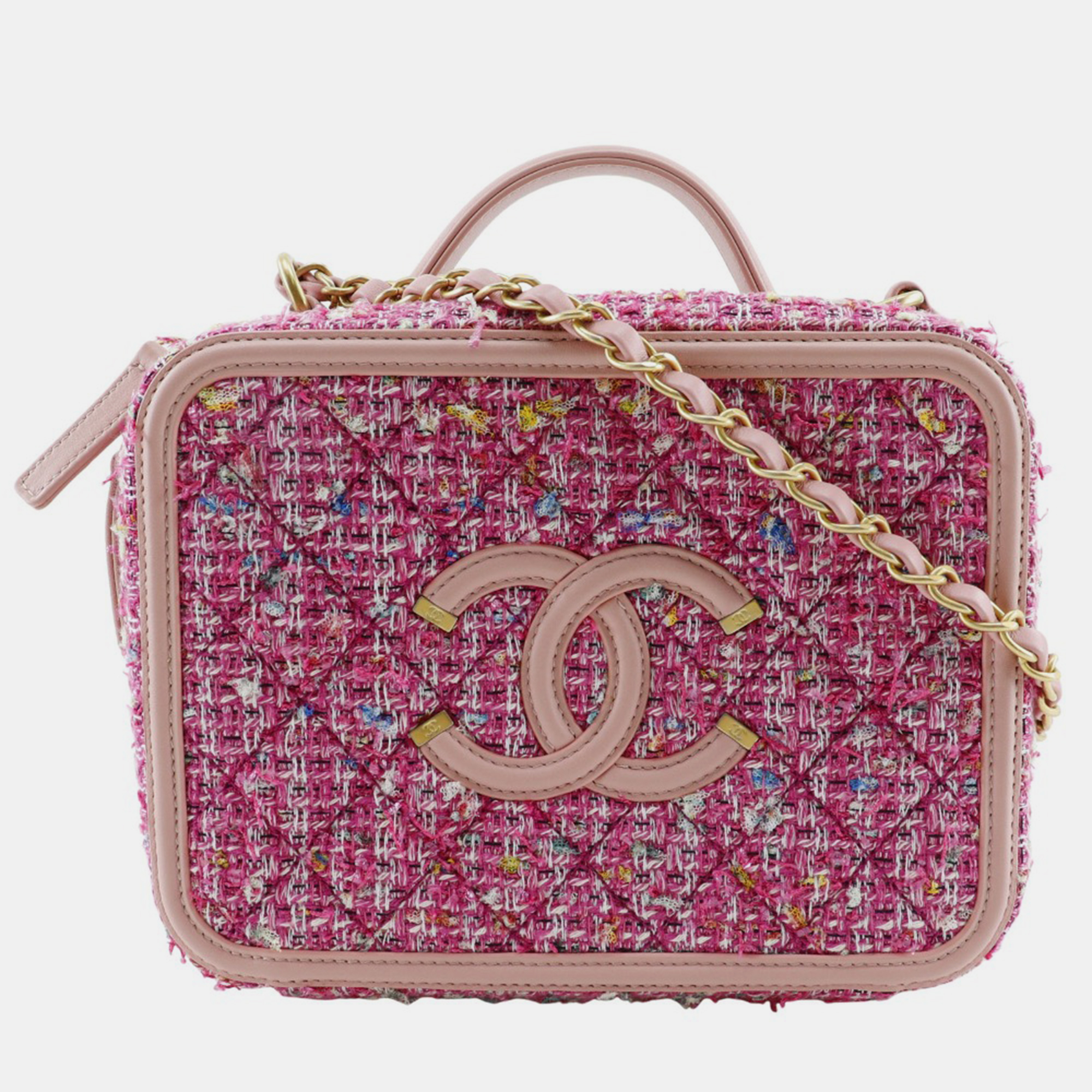 

Chanel Pink Canvas Tweed Lambskin CC Filigree Shoulder Bag