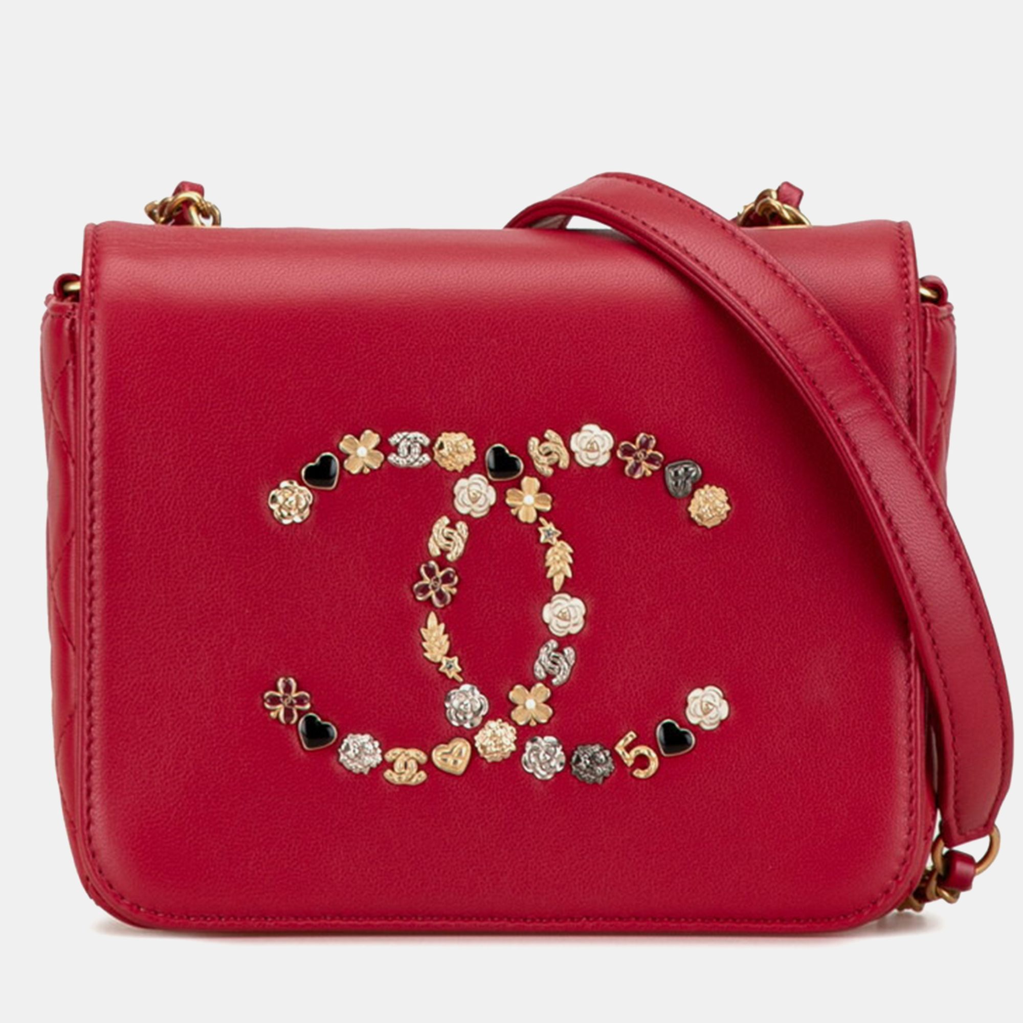 

Chanel Red Leather Matelasse Heart Flower Chain Shoulder Bag