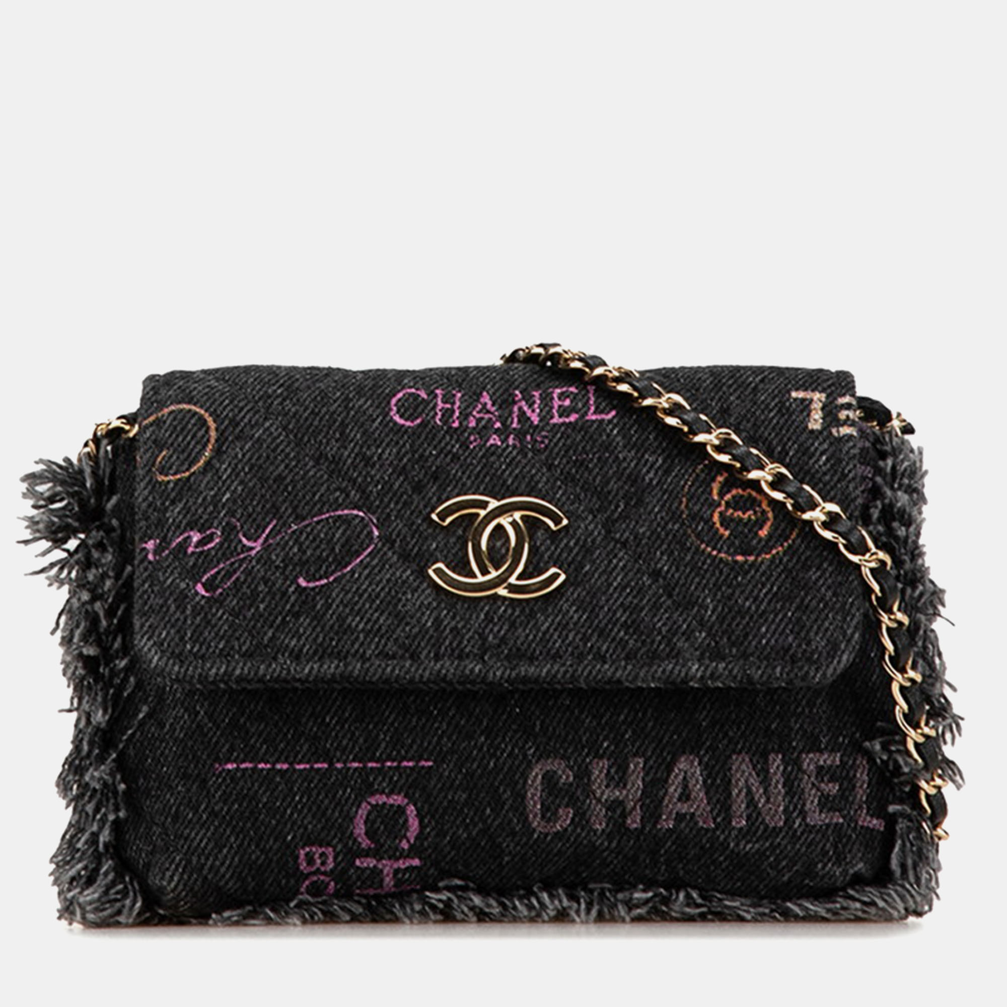 

Chanel Black Canvas Denim Leather Mini Matelasse Logo Chain Bag