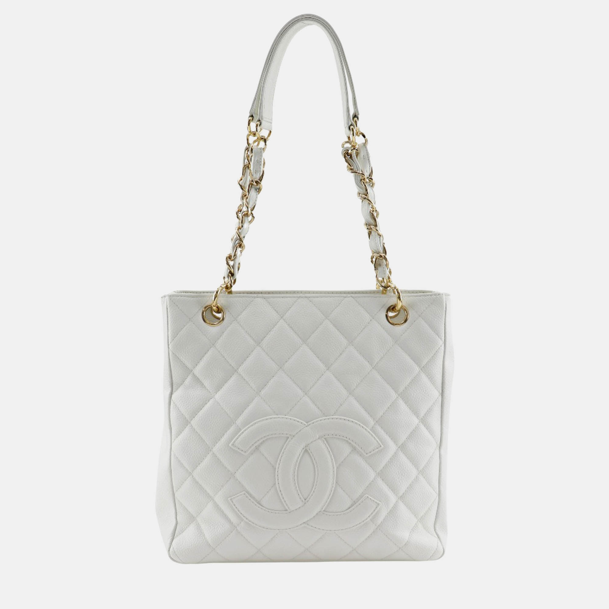 

Chanel White Leather Caviar Skin Chain Tote Shoulder Bag