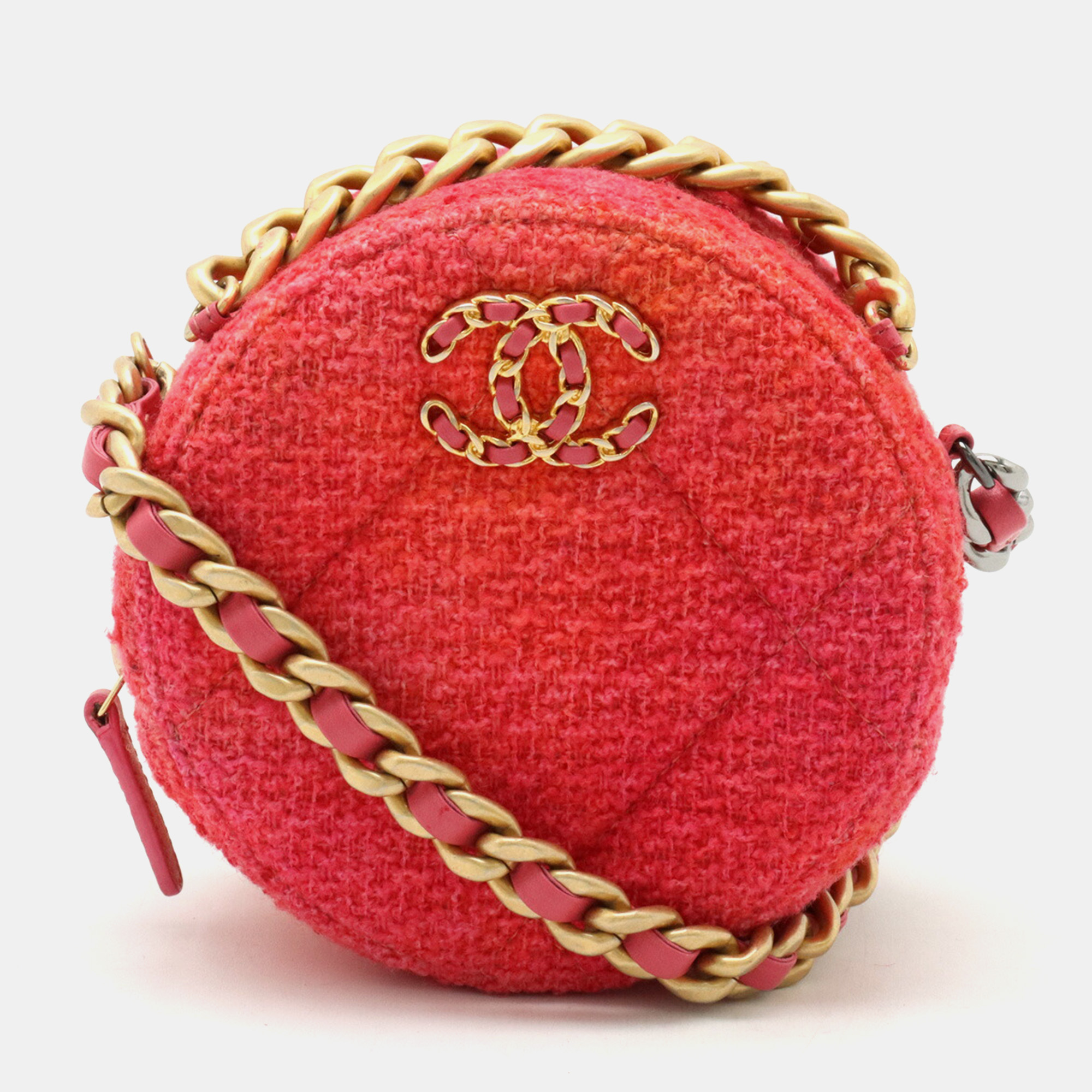 

Chanel Pink Canvas Tweed 19 Round Chain Shoulder Bag