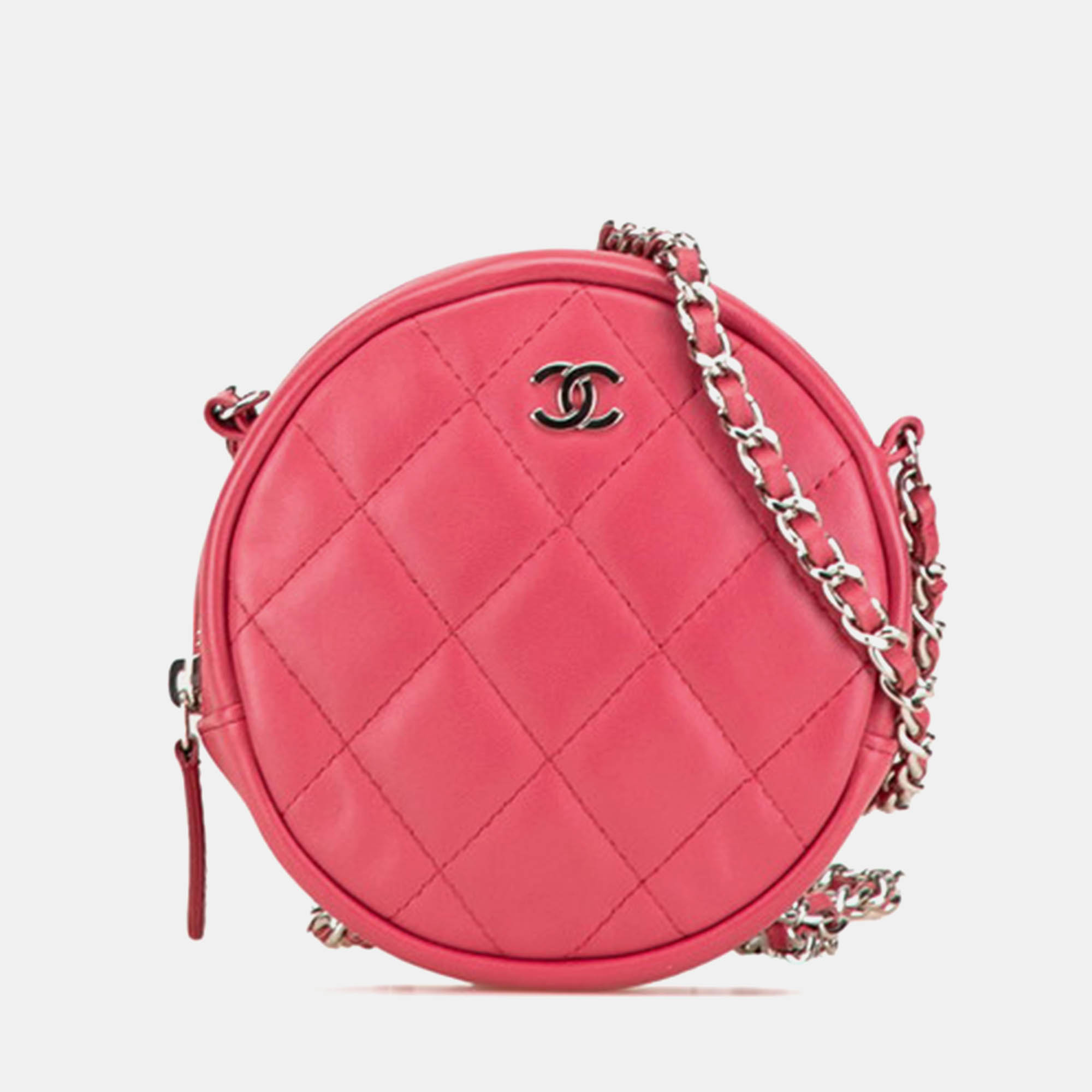 

Chanel Pink Lambskin Coco Mark Matelasse Round Chain Shoulder Bag