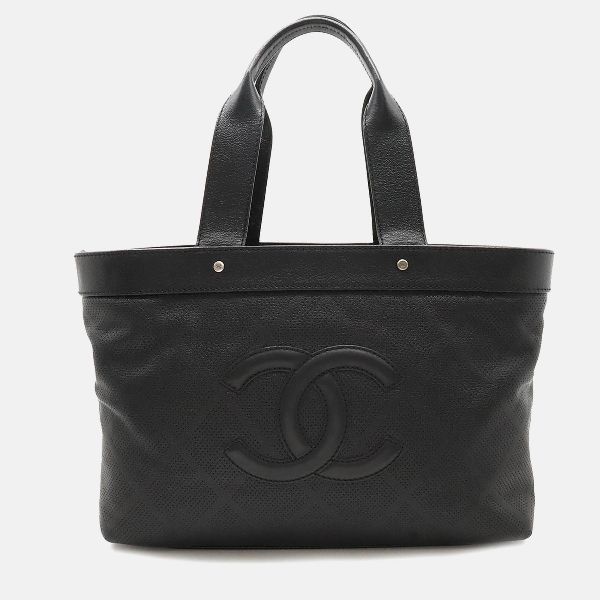 

Chanel Black Leather Coco Mark Mesh Tote Bag