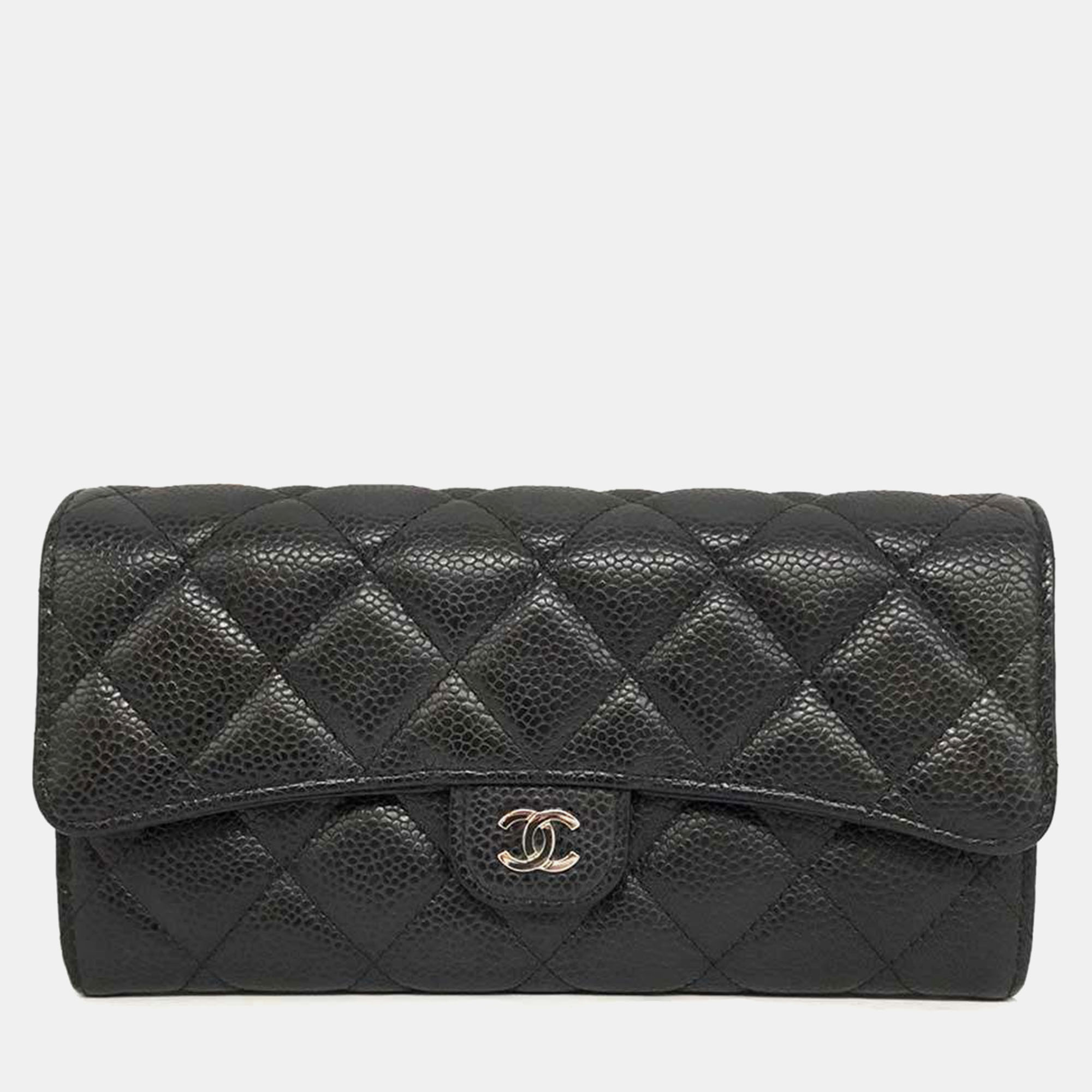 

Chanel Black Leather Caviar Skin Matelasse Long Wallet