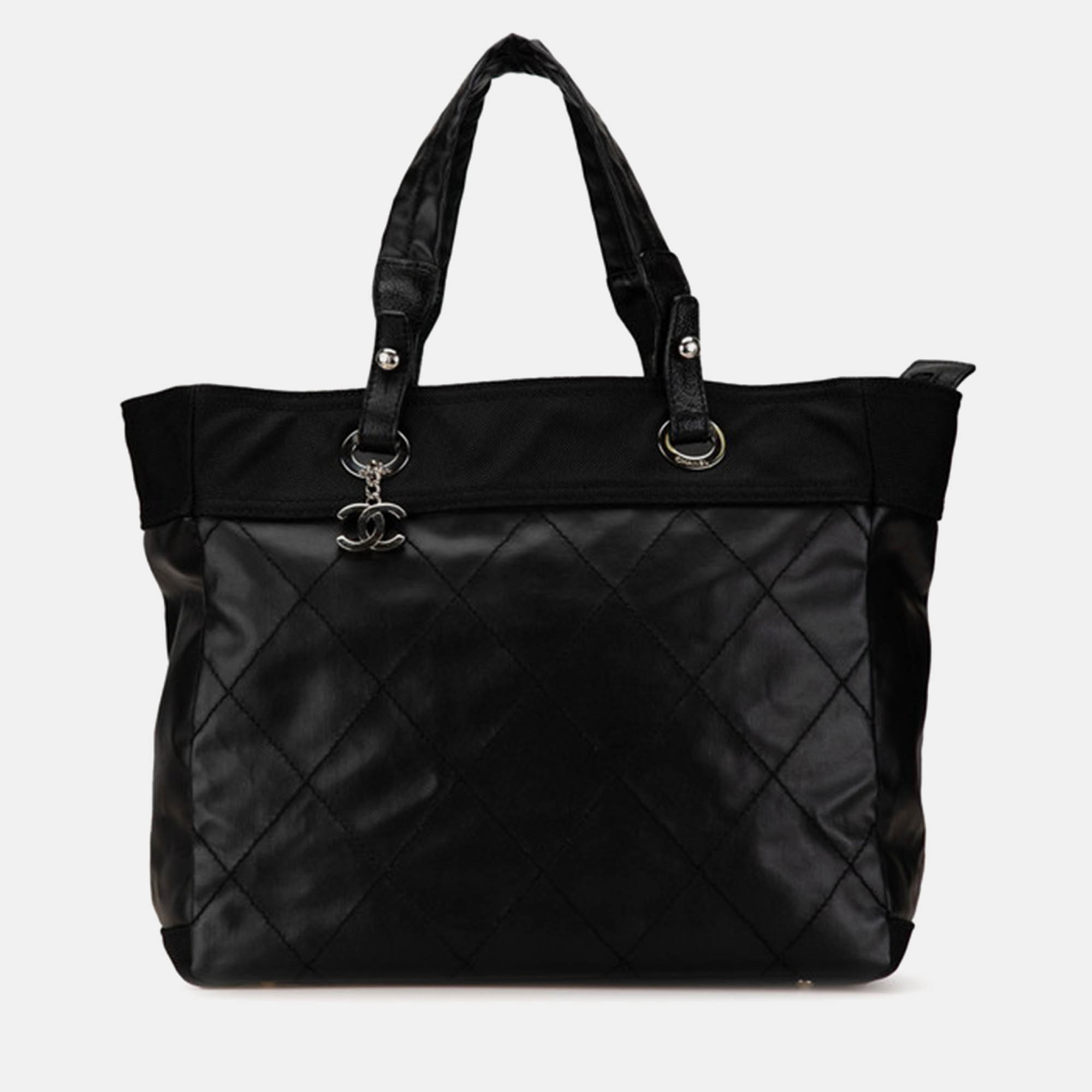 

Chanel Black Leather Coco Mark Paris Biarritz MM Tote