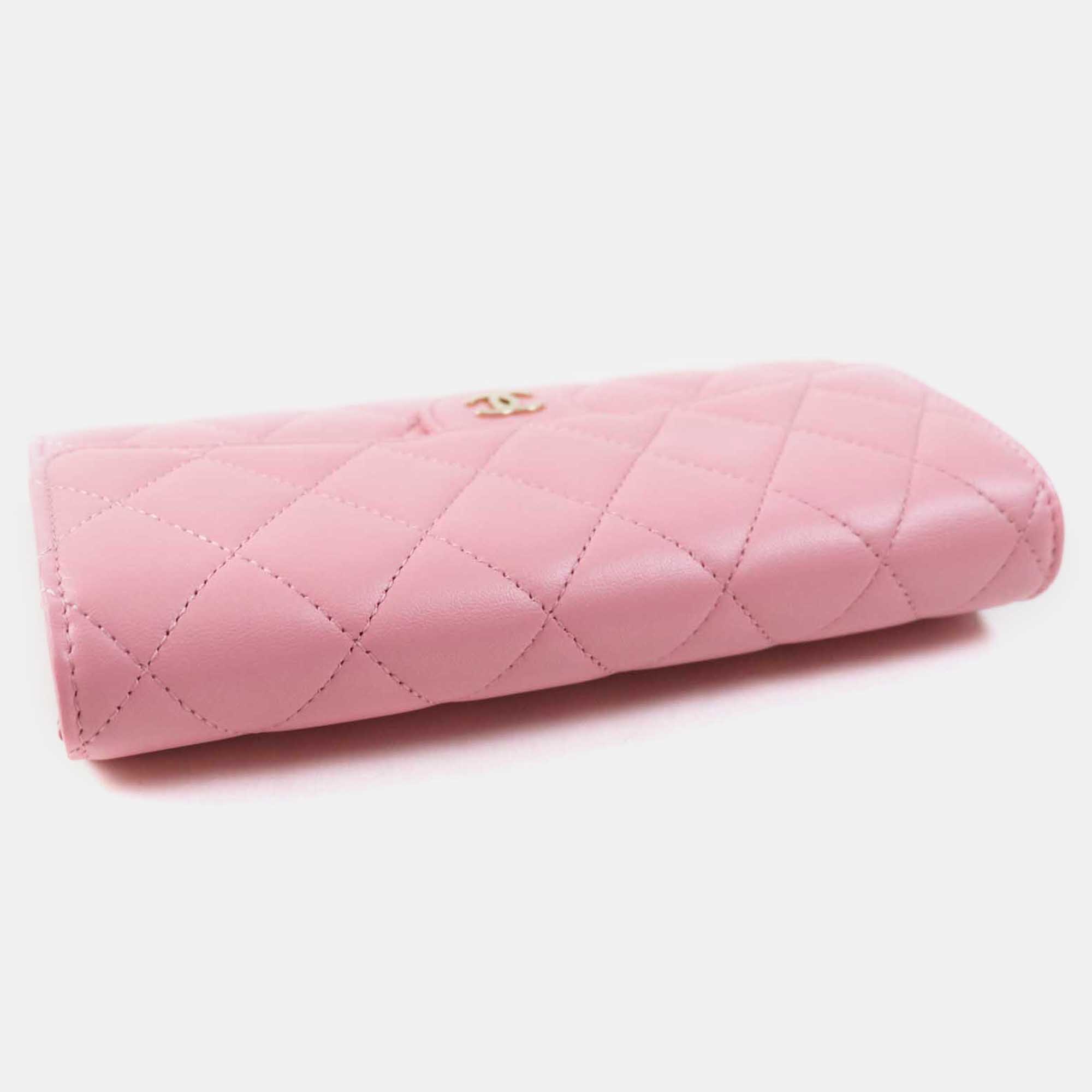 Chanel Pink Leather Matrasse Classic Long Flap Wallet 