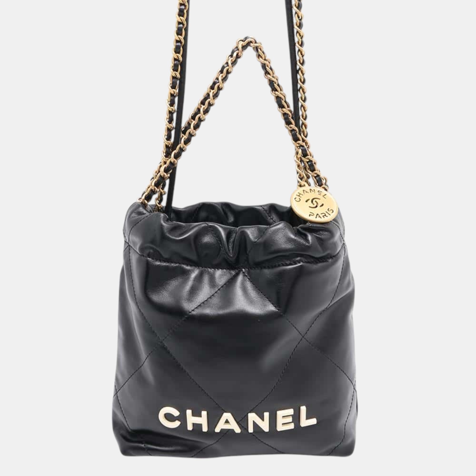 

Chanel Black Shiny Calf Leather Mini 22 Shoulder Bag