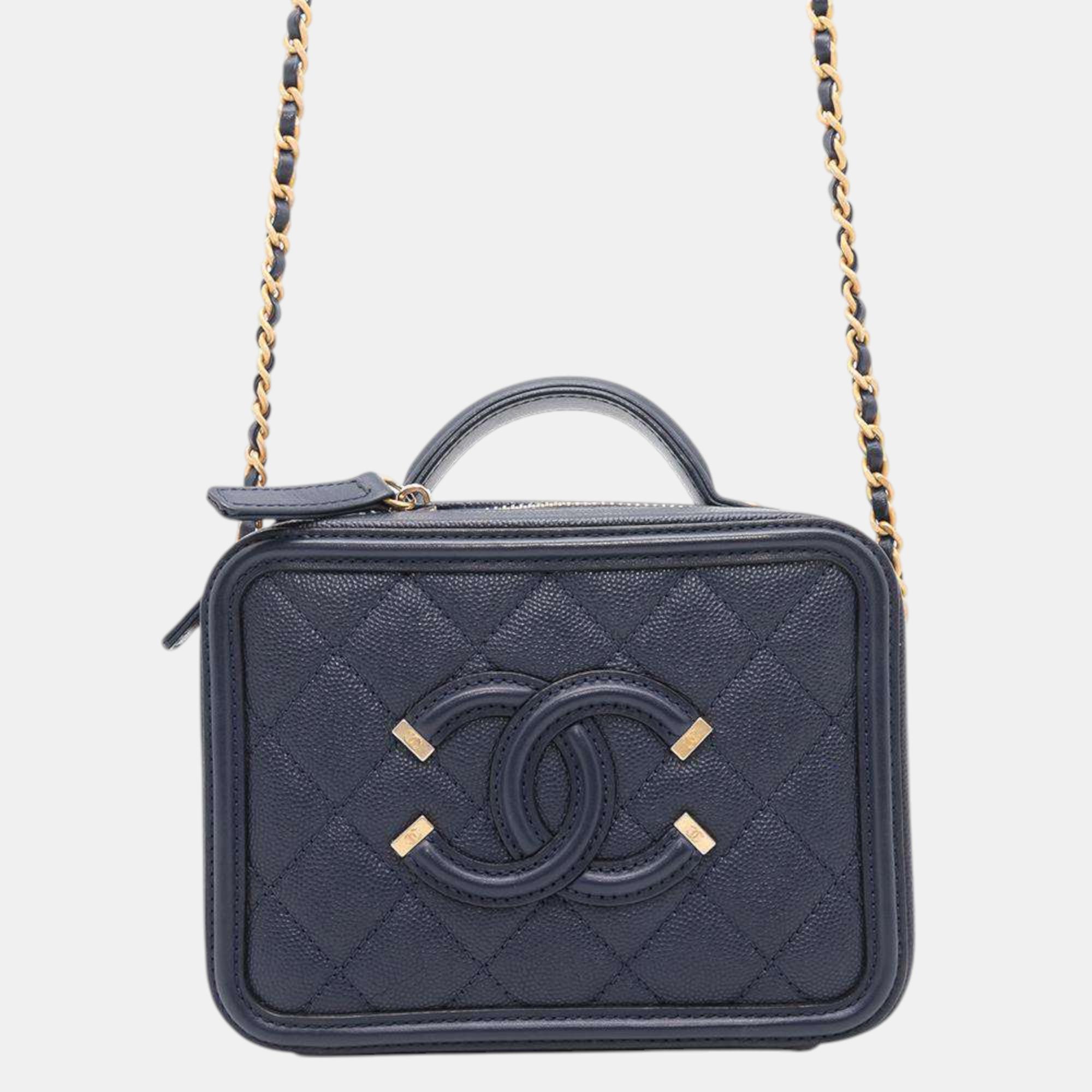 

Chanel Navy Blue Caviar Leather Filigree Chain Vanity Shoulder Bag