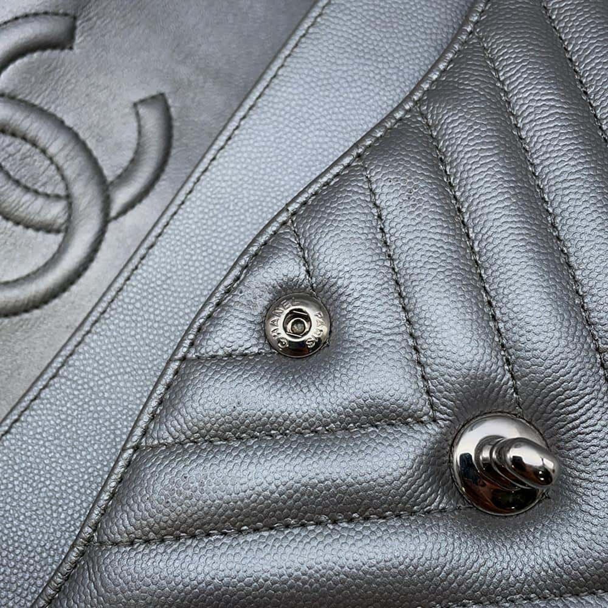 Chanel Matelasse V Stitch Chain shoulder Silver Caviar Leather 