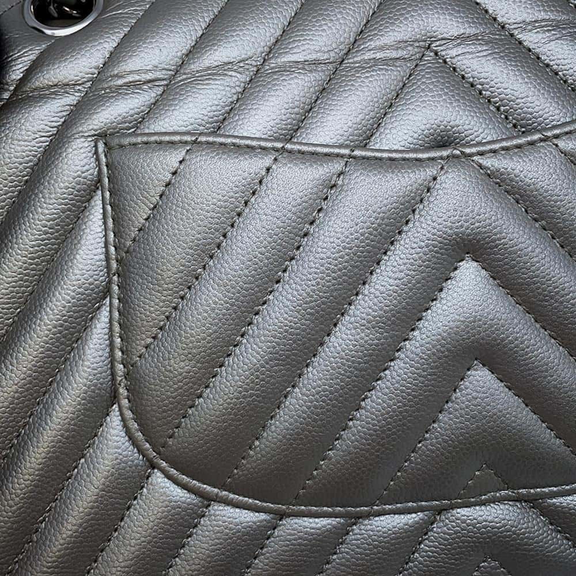 Chanel Matelasse V Stitch Chain shoulder Silver Caviar Leather 