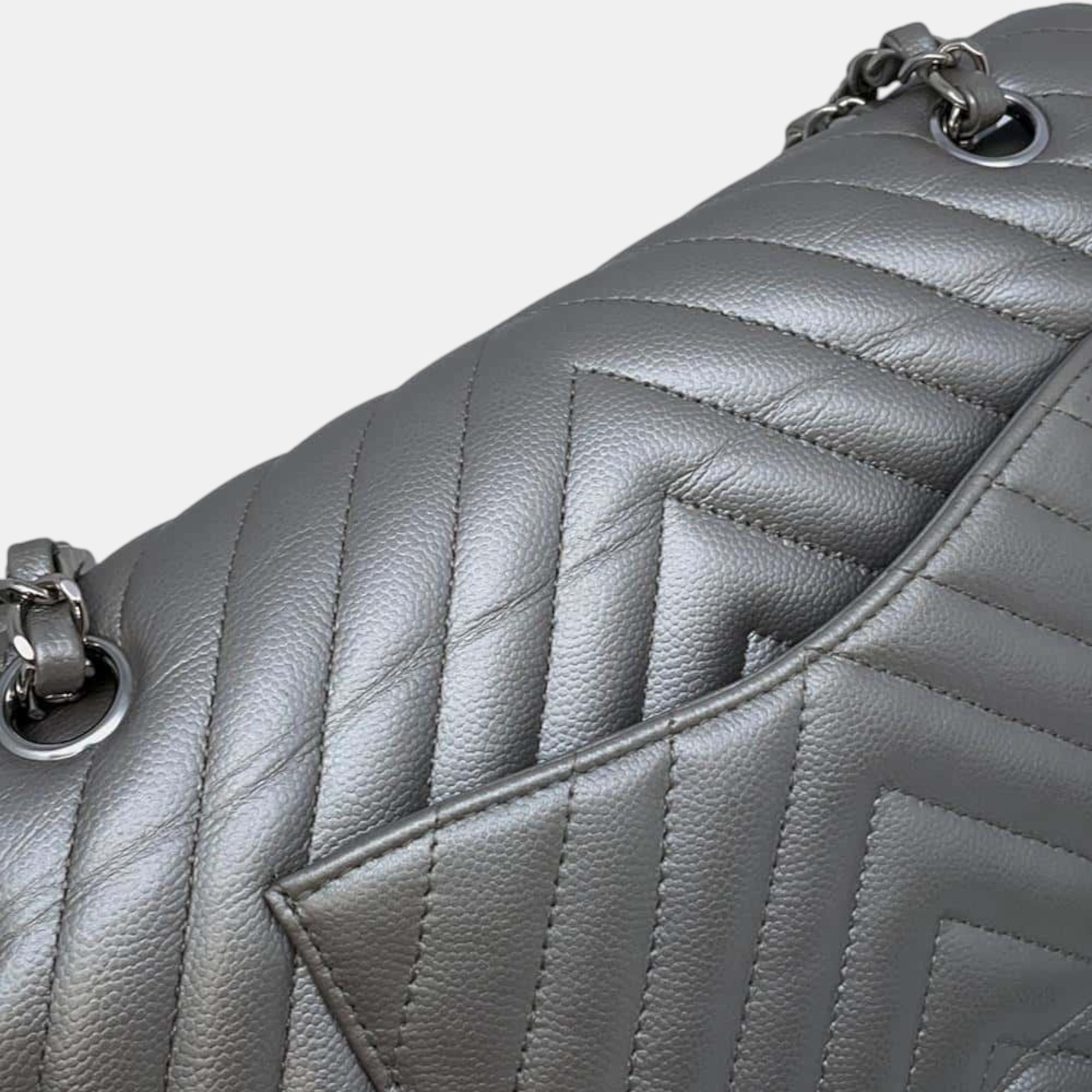 Chanel Matelasse V Stitch Chain shoulder Silver Caviar Leather 