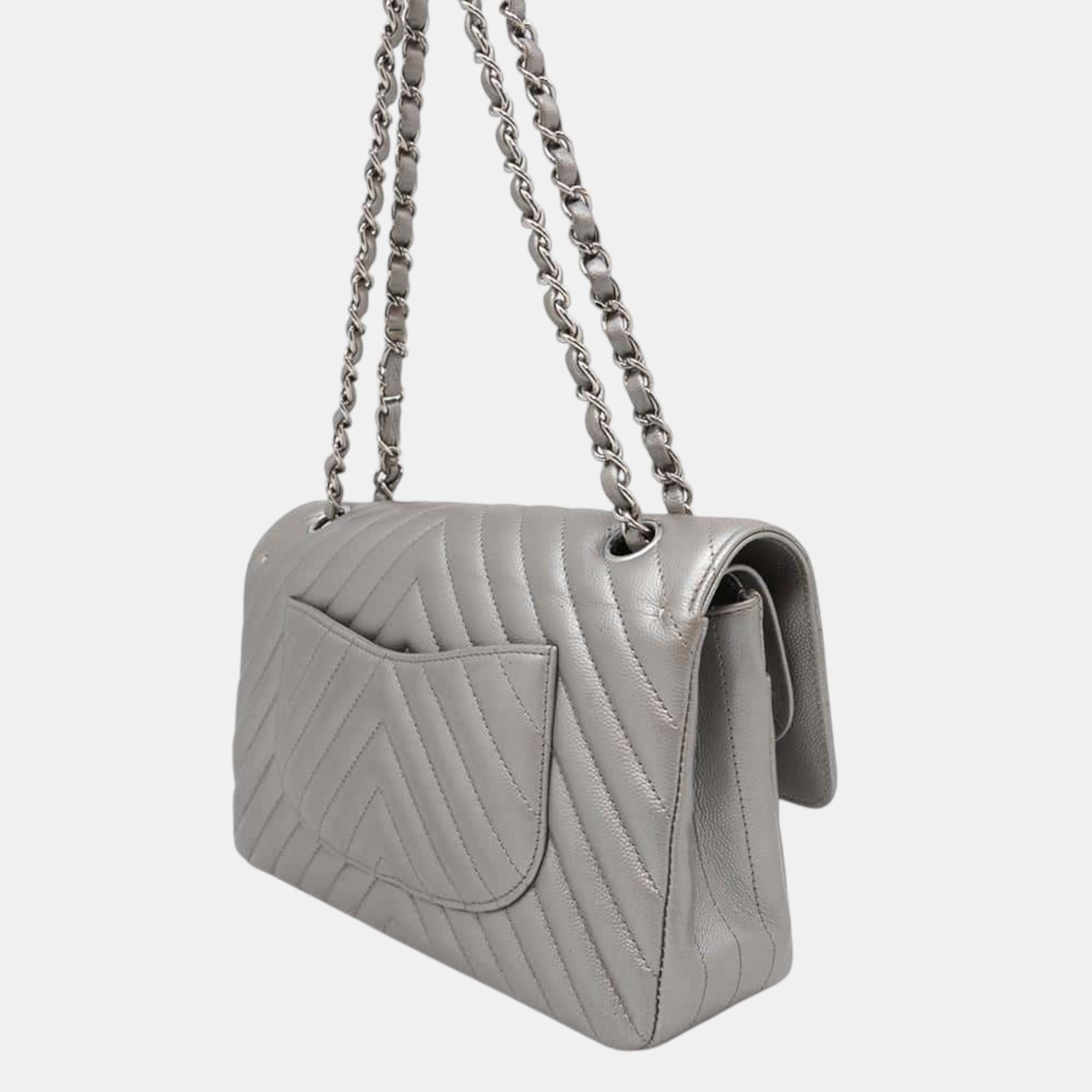 Chanel Matelasse V Stitch Chain shoulder Silver Caviar Leather 