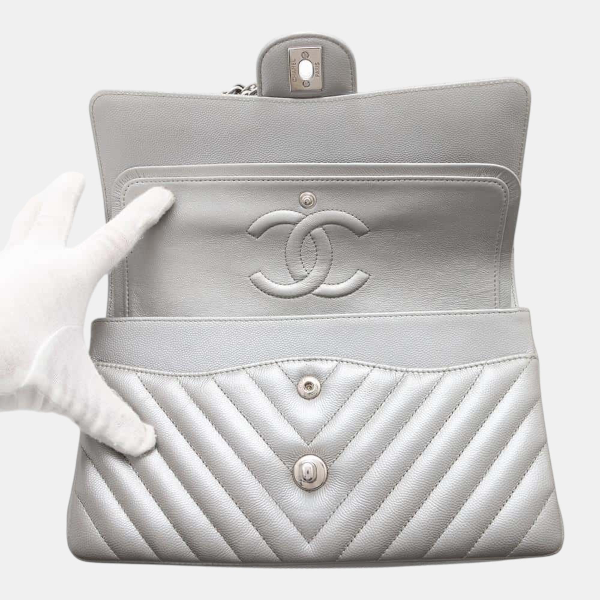 Chanel Matelasse V Stitch Chain shoulder Silver Caviar Leather 