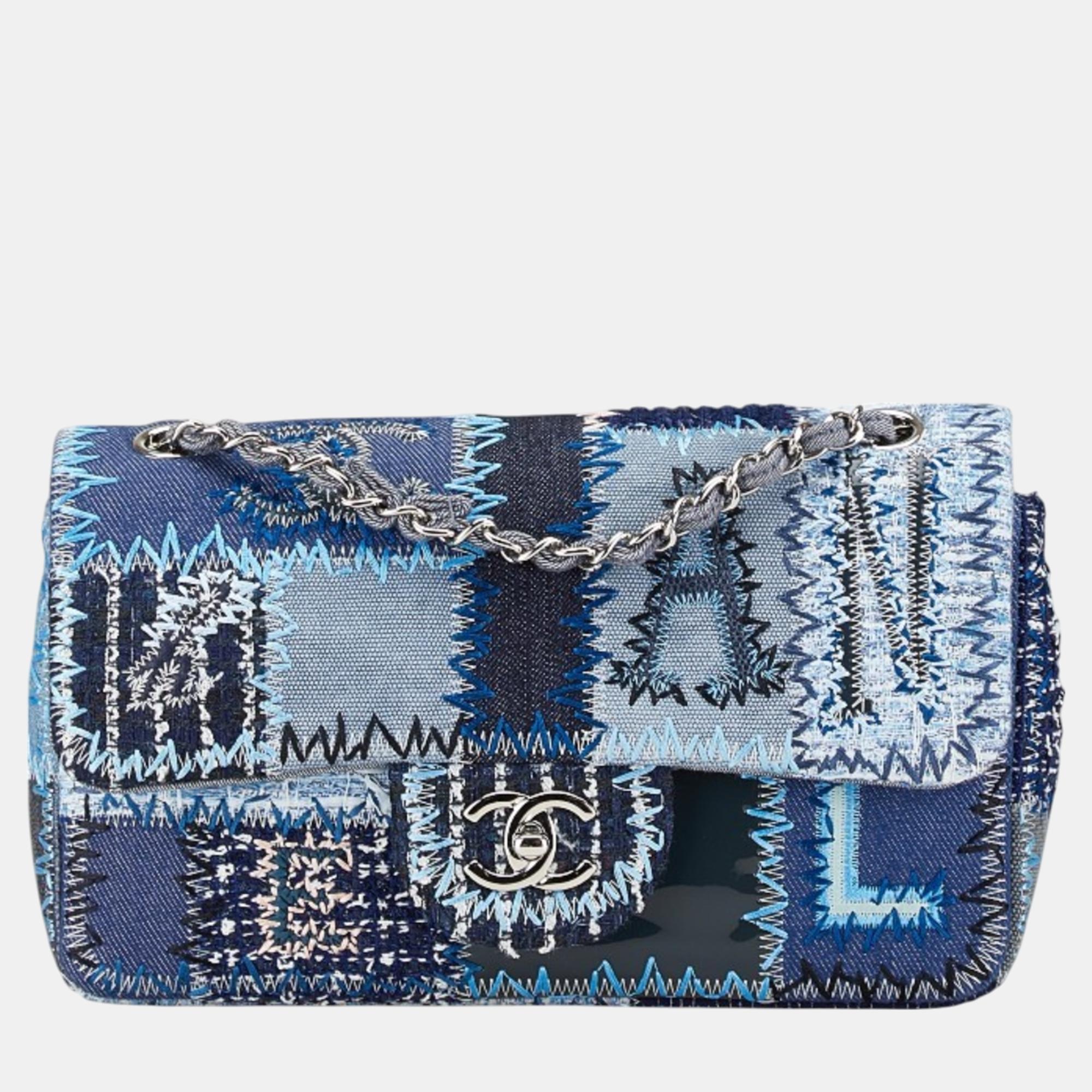 

Chanel Coco Mark Patchrk Chain Shoulder Bag Handbag Blue Silver Multicolor Denim Caviar Skin