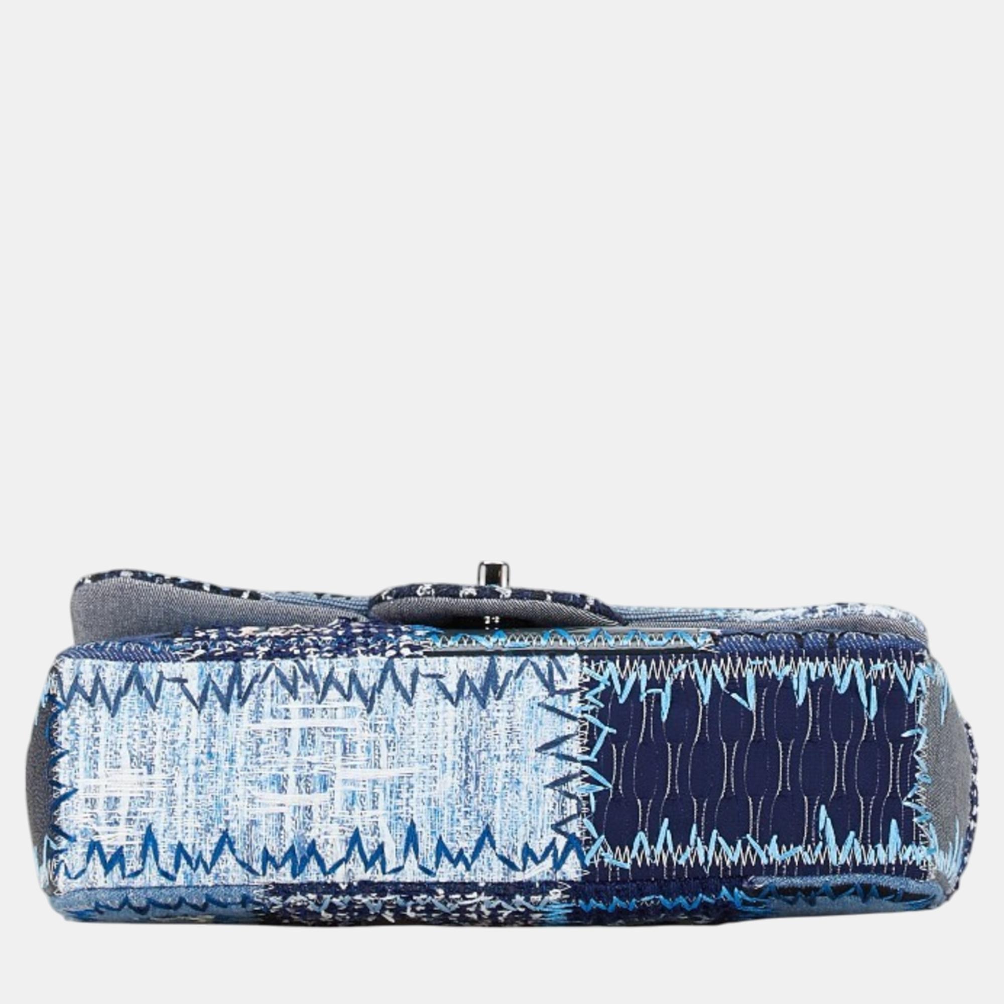 Chanel Coco Mark Patchrk Chain Shoulder Bag Handbag Blue Silver Multicolor Denim Caviar Skin 