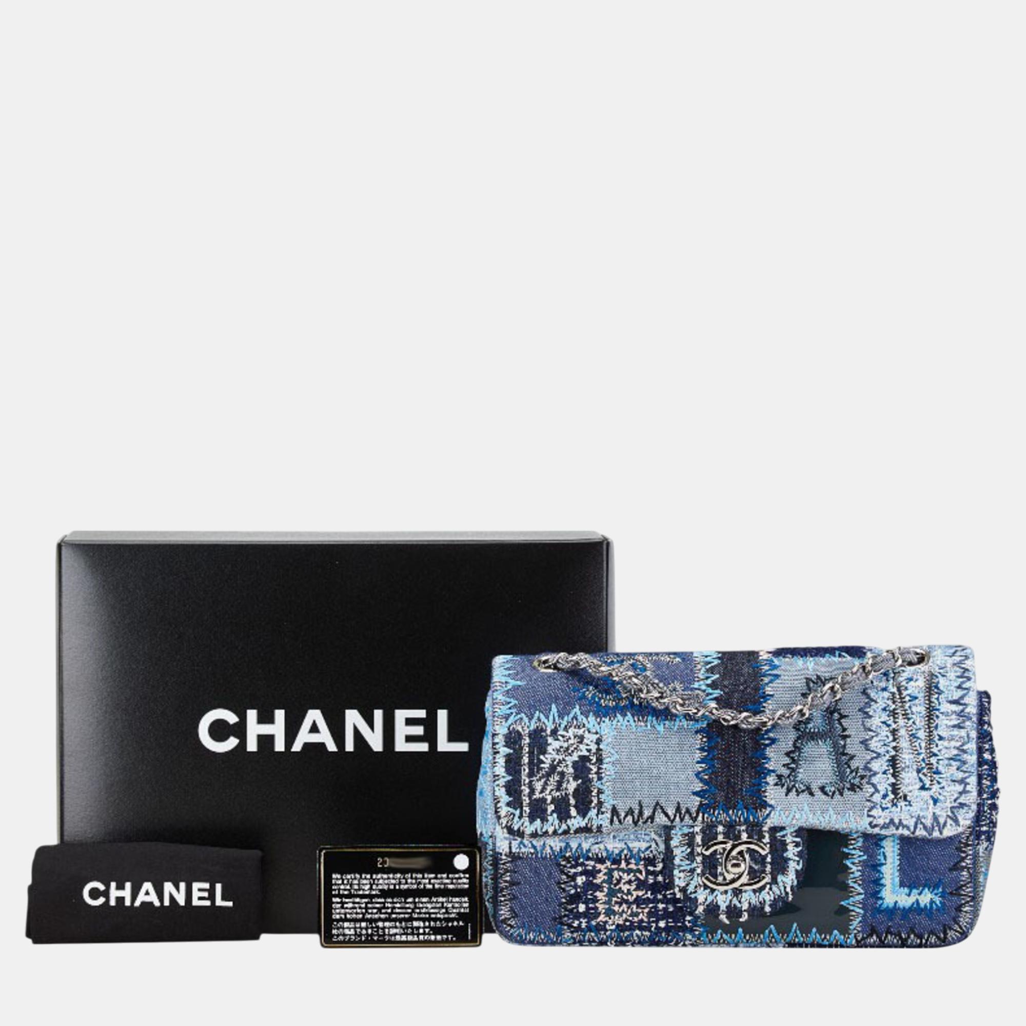 Chanel Coco Mark Patchrk Chain Shoulder Bag Handbag Blue Silver Multicolor Denim Caviar Skin 