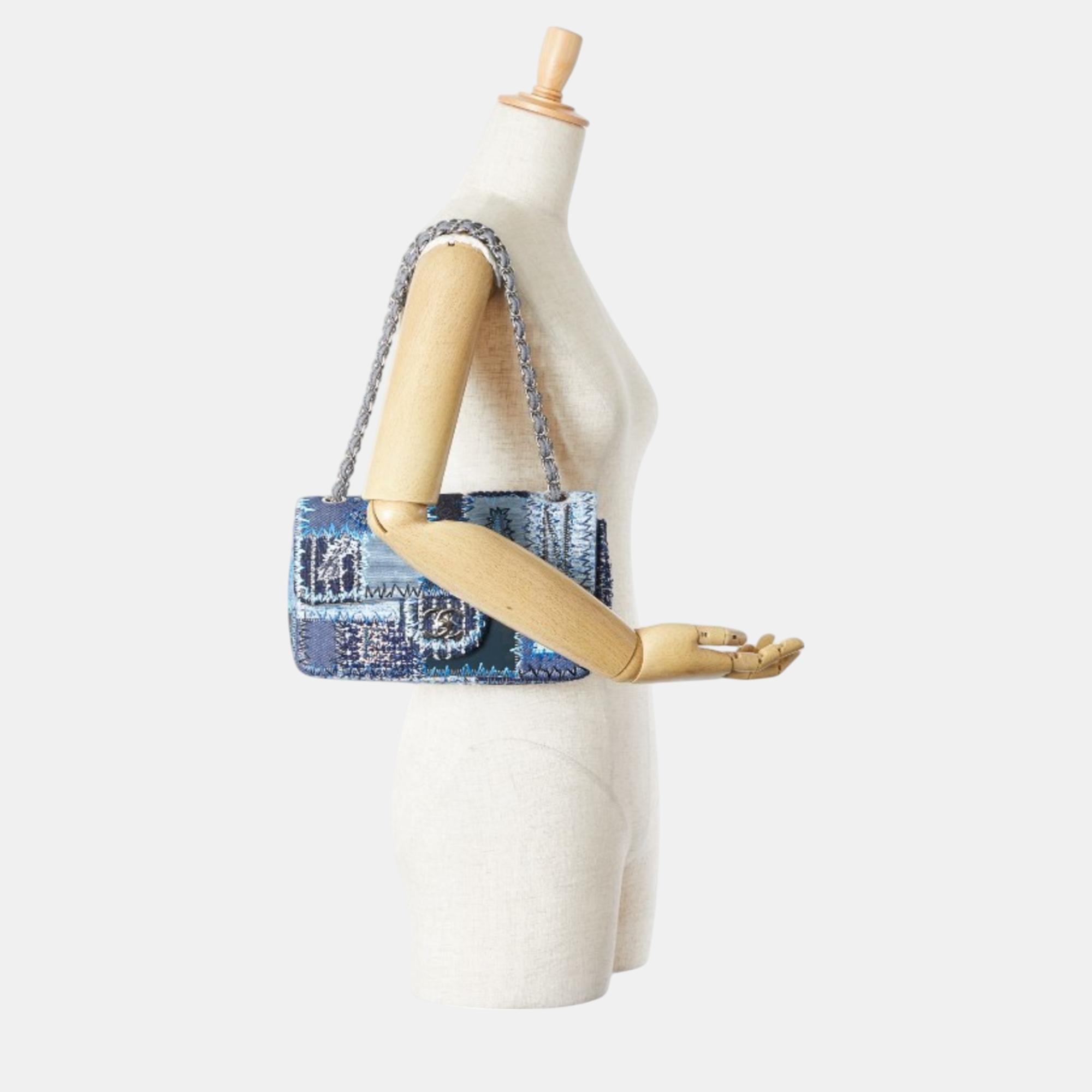 Chanel Coco Mark Patchrk Chain Shoulder Bag Handbag Blue Silver Multicolor Denim Caviar Skin 
