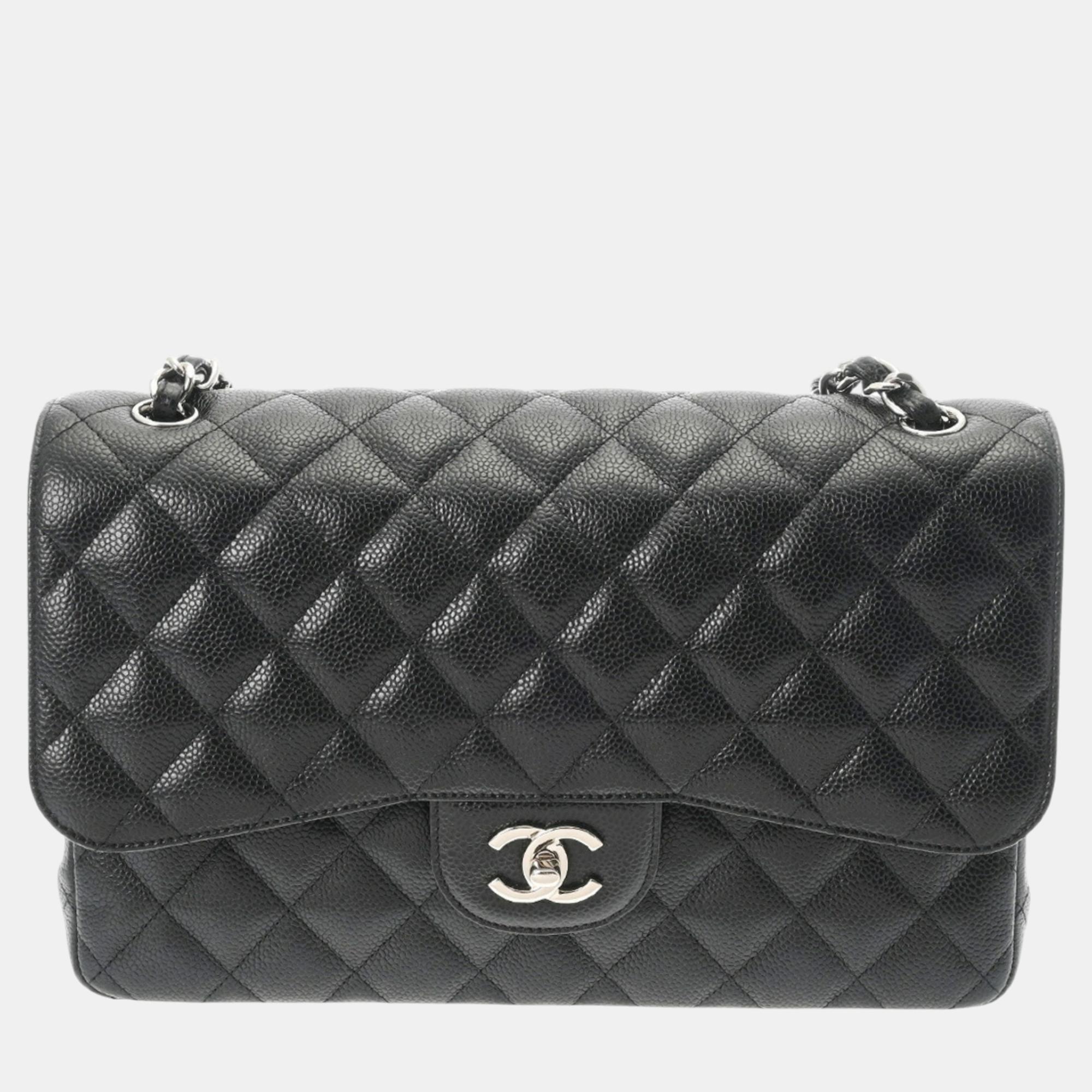 

Chanel Matelasse Chain Shoulder Double Flap  Black Caviar Skin Bag