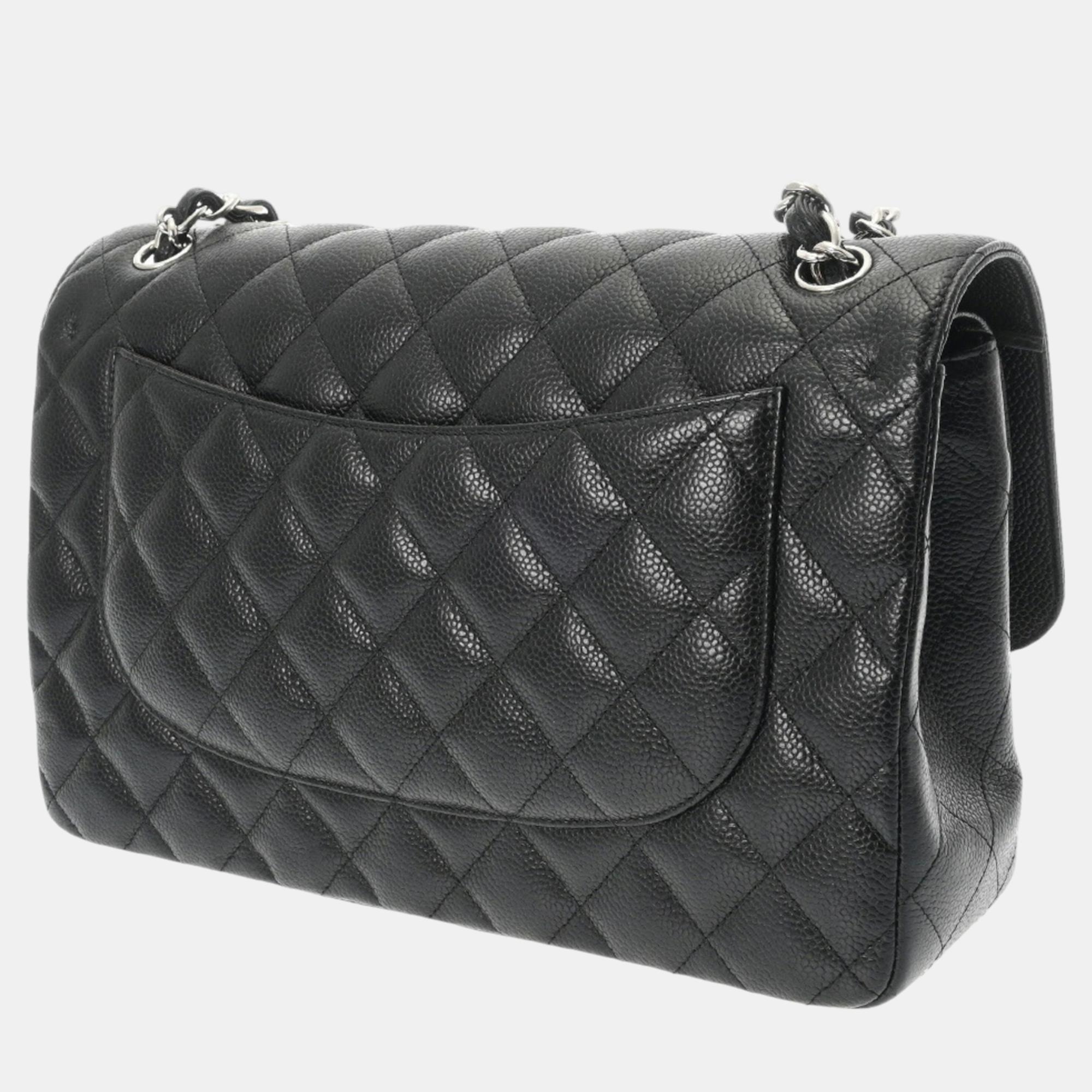 Chanel Matelasse Chain Shoulder Double Flap 30Cm Black Caviar Skin Bag 