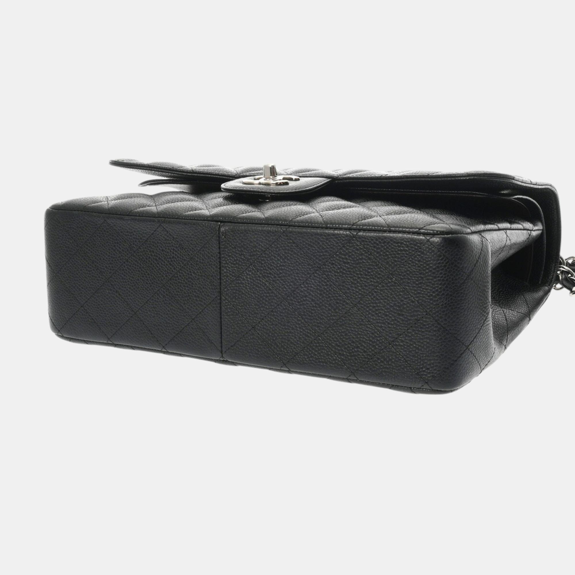 Chanel Matelasse Chain Shoulder Double Flap 30Cm Black Caviar Skin Bag 