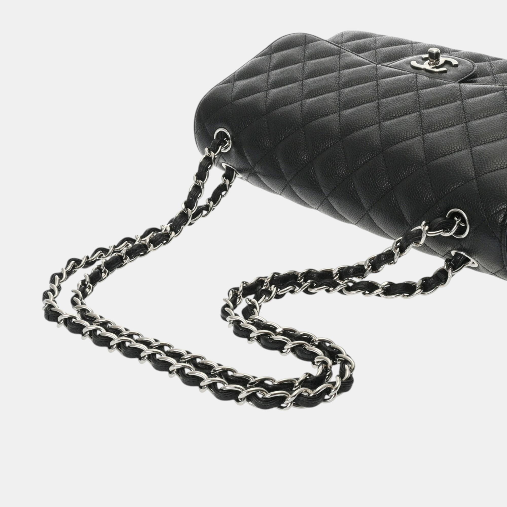Chanel Matelasse Chain Shoulder Double Flap 30Cm Black Caviar Skin Bag 