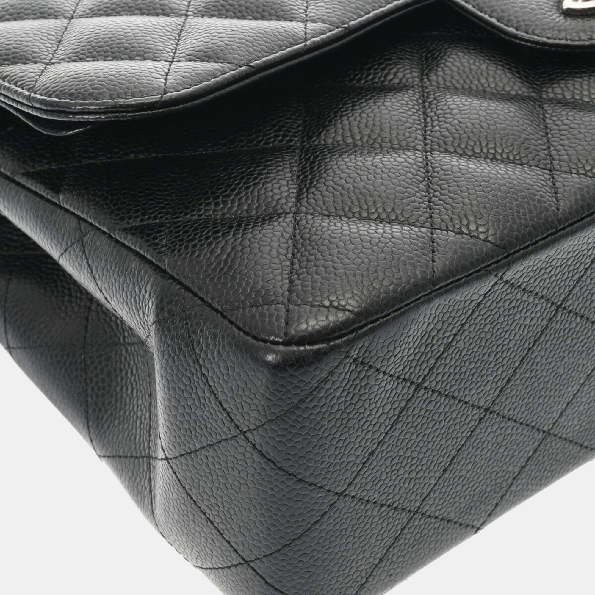 Chanel Matelasse Chain Shoulder Double Flap 30Cm Black Caviar Skin Bag 