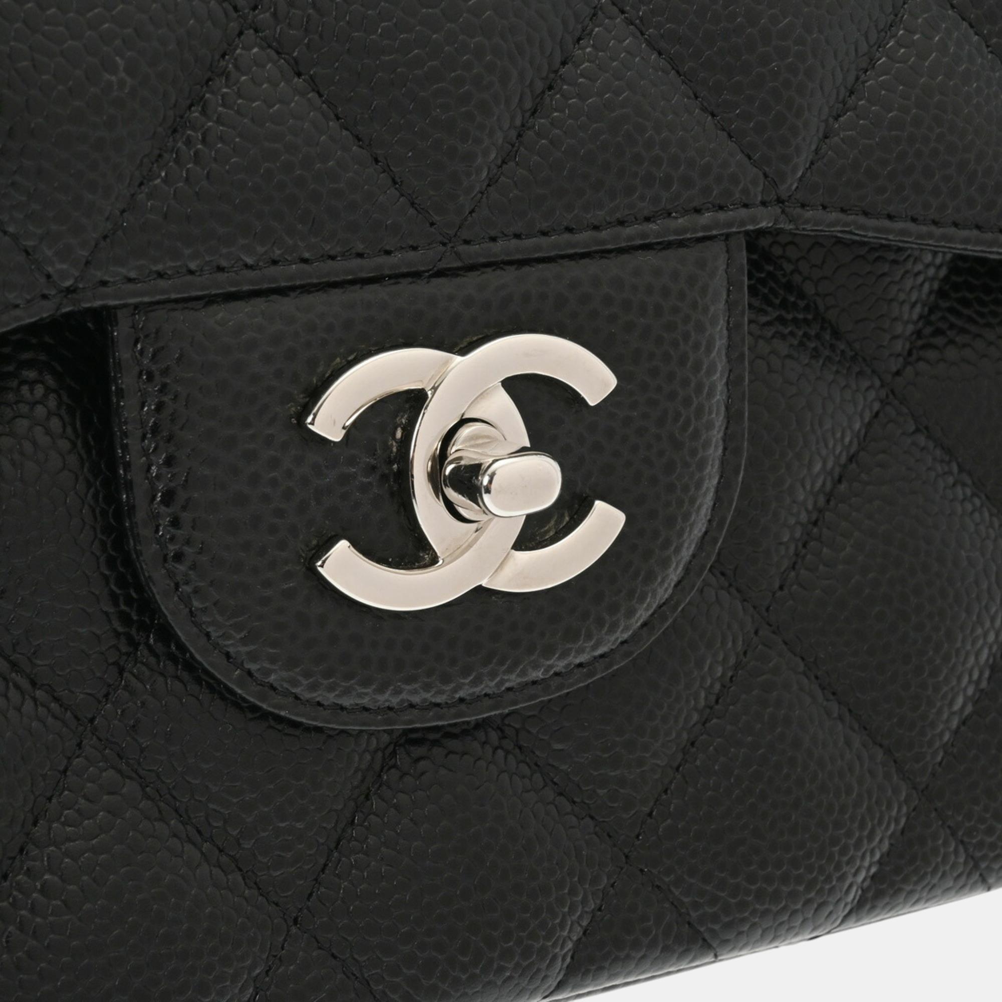 Chanel Matelasse Chain Shoulder Double Flap 30Cm Black Caviar Skin Bag 
