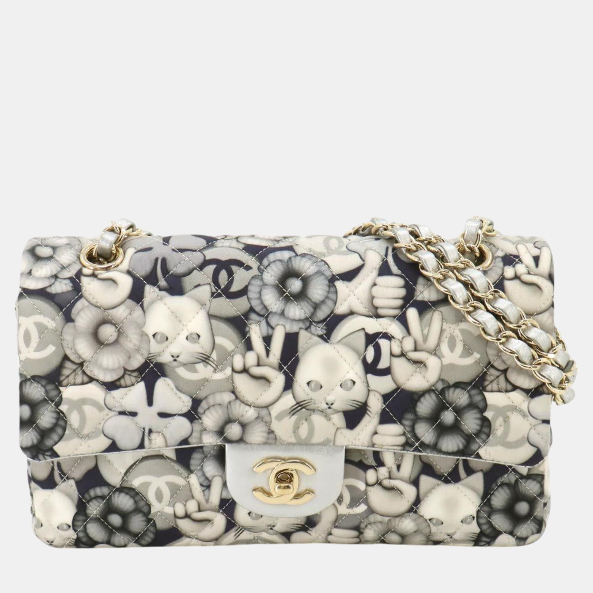 

Chanel Navy Blue, White Nylon Cat Patterned Double Flap Shoulder Bag, Multicolor