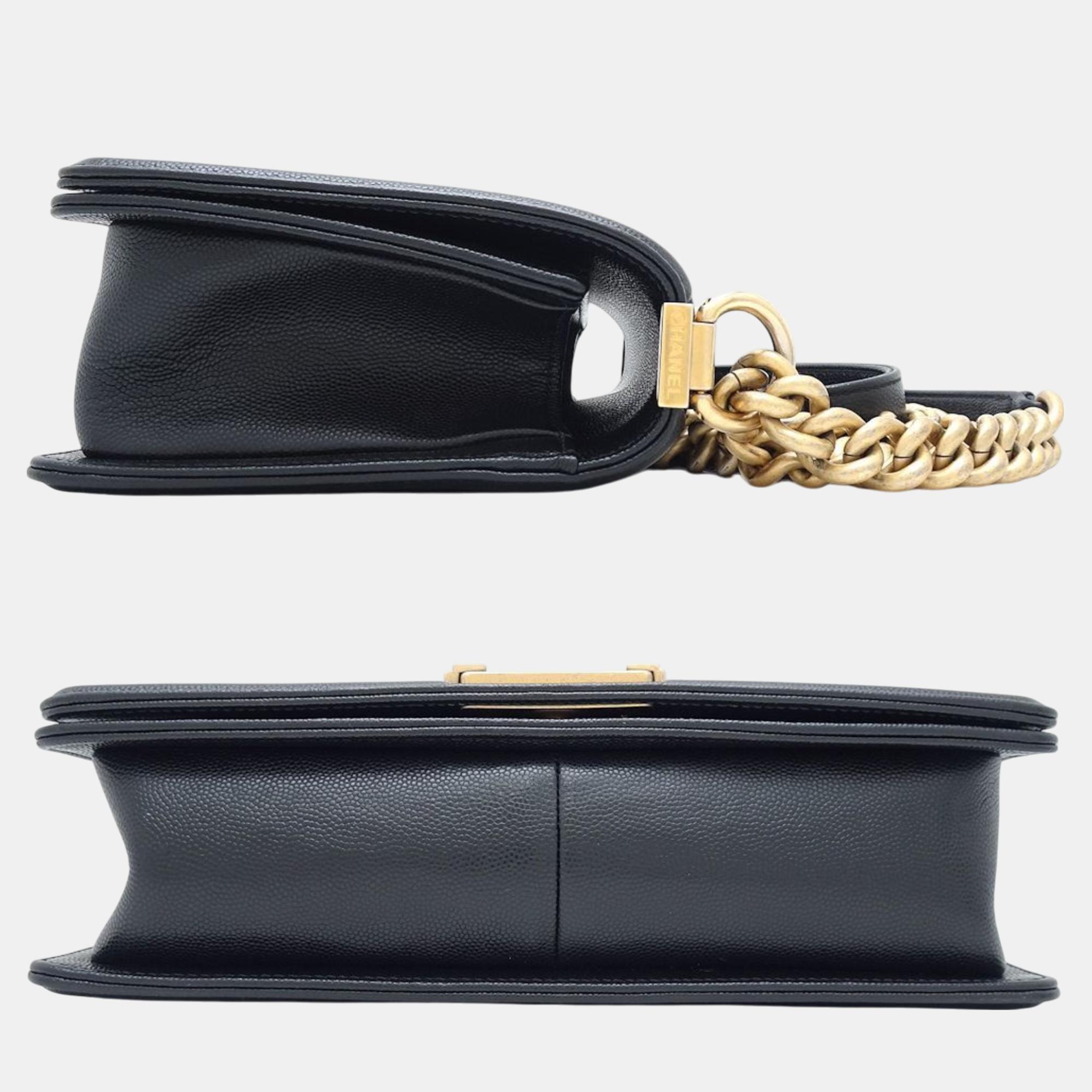 Chanel Chain Shoulder Bag Boy Caviar Skin Black 