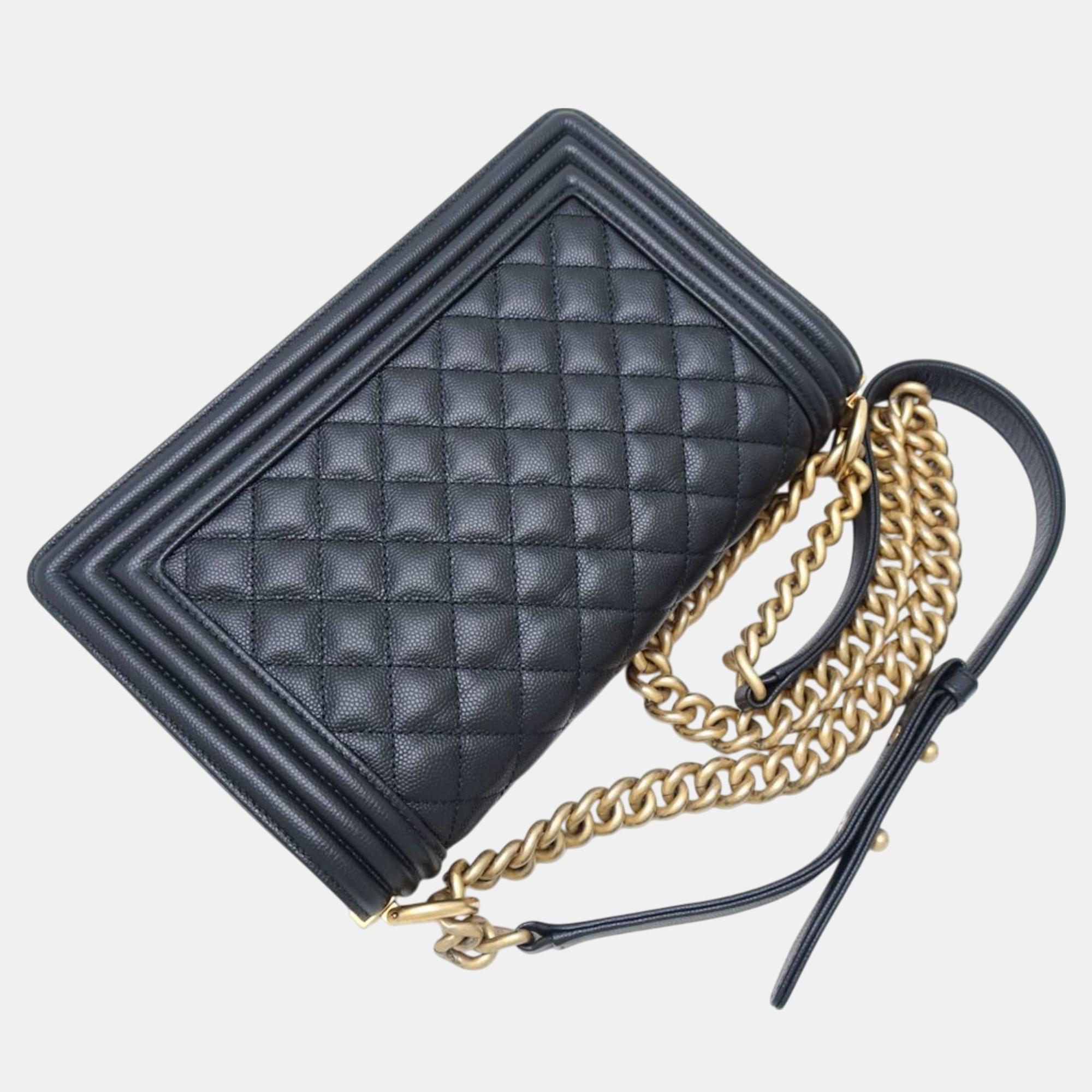 Chanel Chain Shoulder Bag Boy Caviar Skin Black 