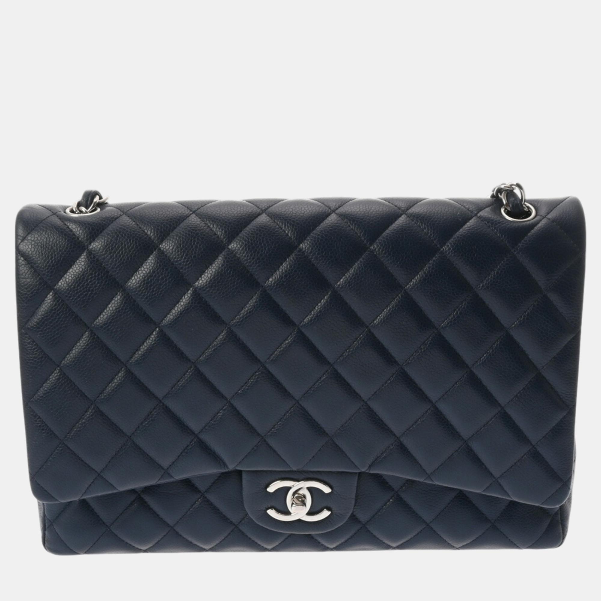 

Chanel Matelasse W-Flap Chain Shoulder Bag  Navy Caviar Skin, Navy blue