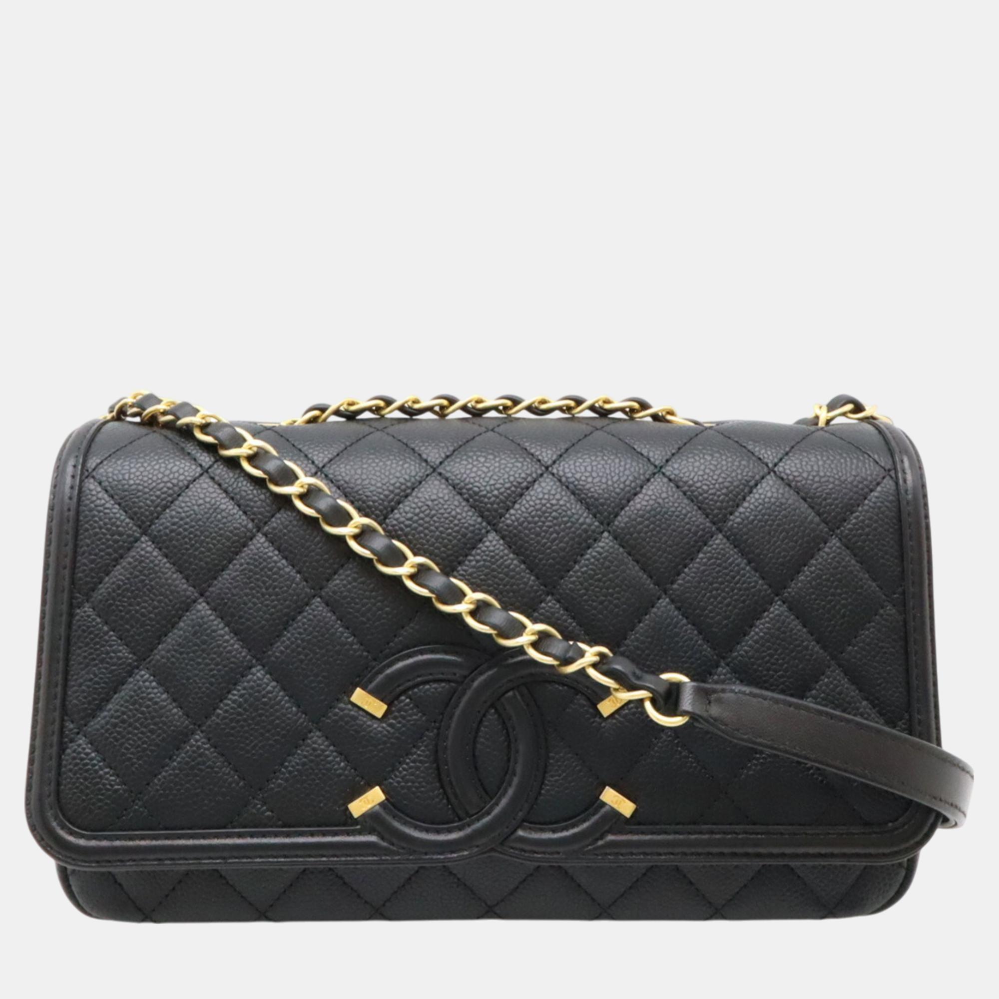 

Chanel Cc Filigree Coco Mark Flap Bag Chain Shoulder Caviar Skin Leather Black