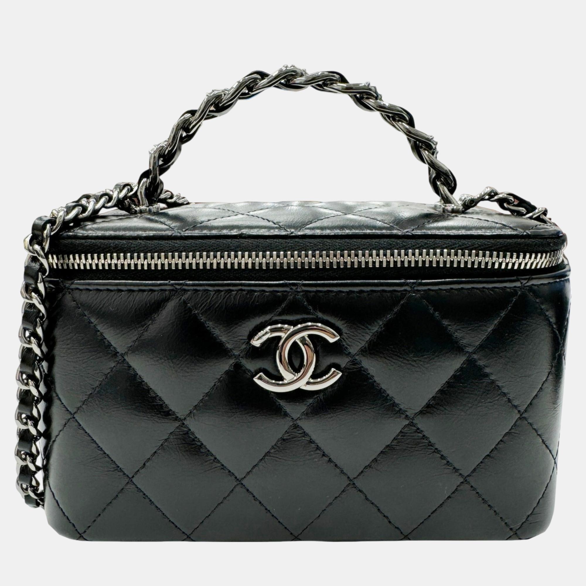 

Chanel Matelasse Vanity Chain Shoulder Coco Mark Handle Rhinestone Bag Black Calfskin